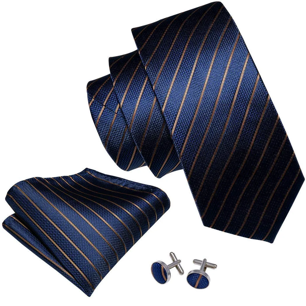 Barry.Wang Set Cravatta, Fazzoletto e Gemelli in Seta Blu a Righe - immagine 2