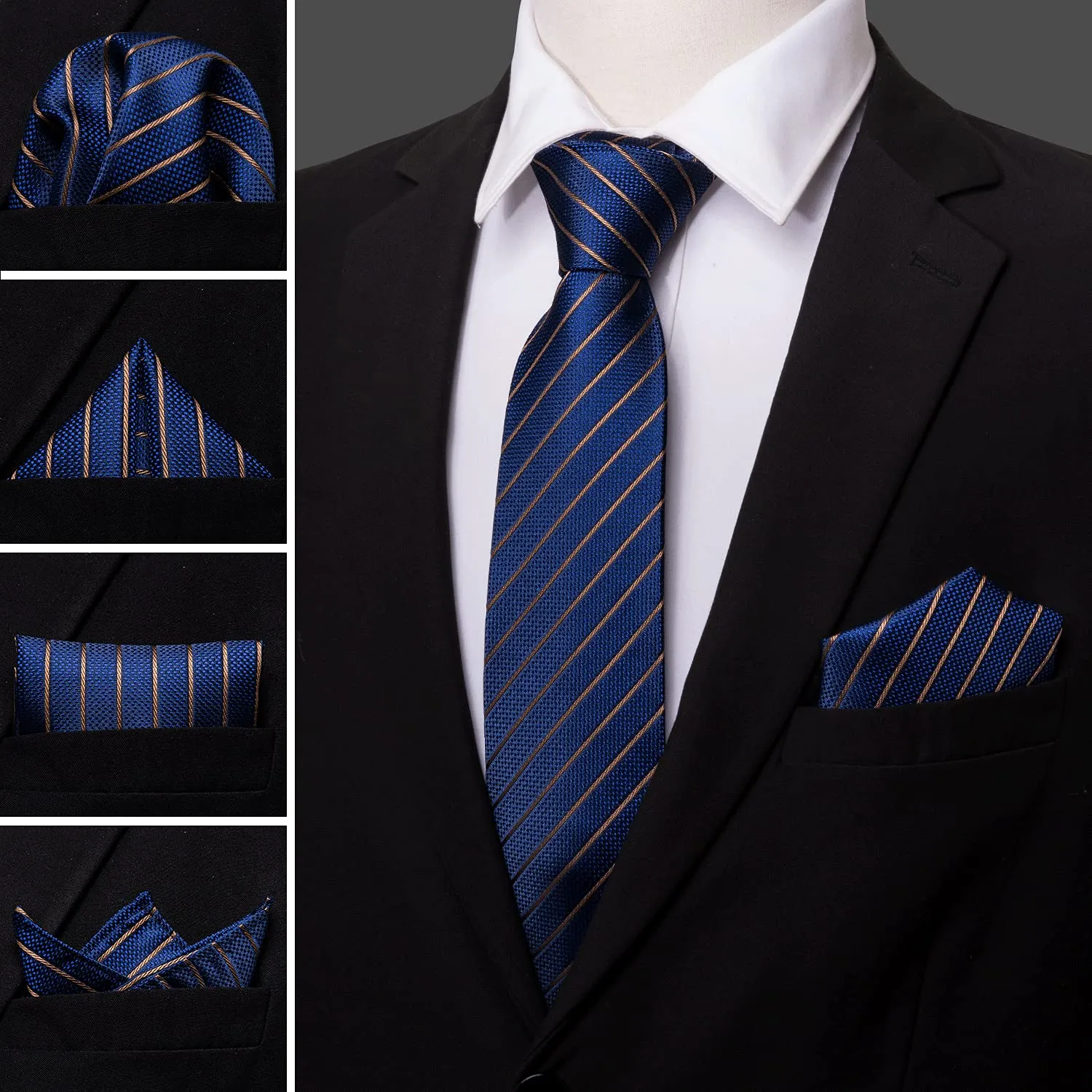 Barry.Wang Set Cravatta, Fazzoletto e Gemelli in Seta Blu a Righe - immagine 5