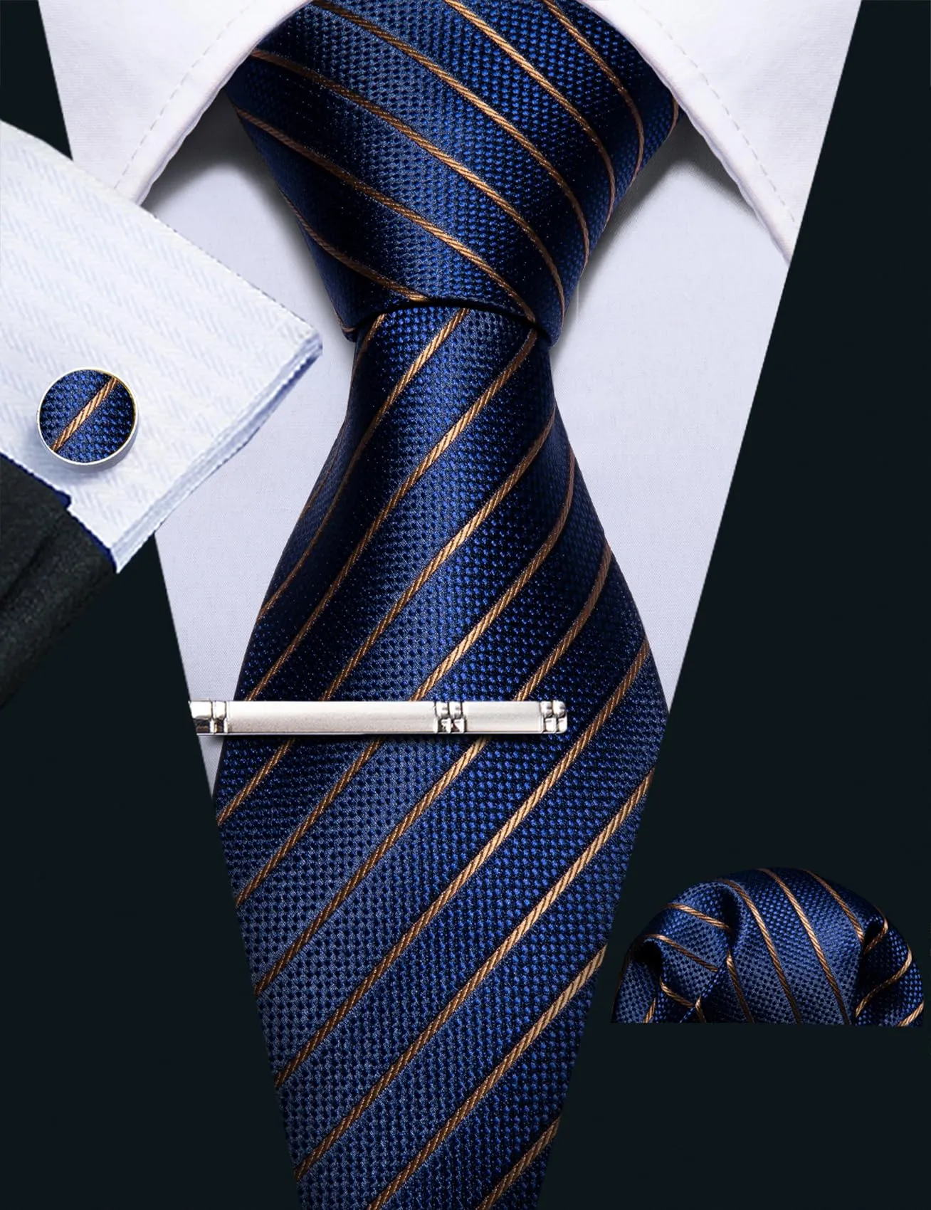 Barry.Wang Set Cravatta, Fazzoletto e Gemelli in Seta Blu a Righe - immagine 7