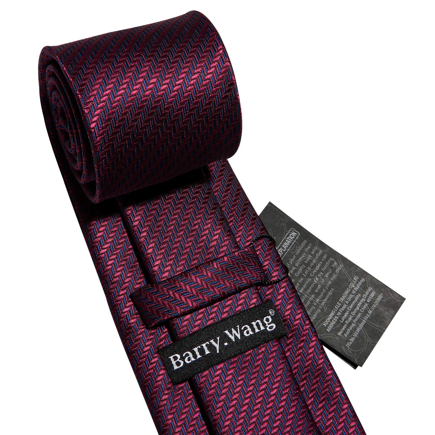 Barry.Wang Set Cravatta, Fazzoletto e Gemelli in Seta Rosso Borgogna Motivo Cachemire - immagine 6