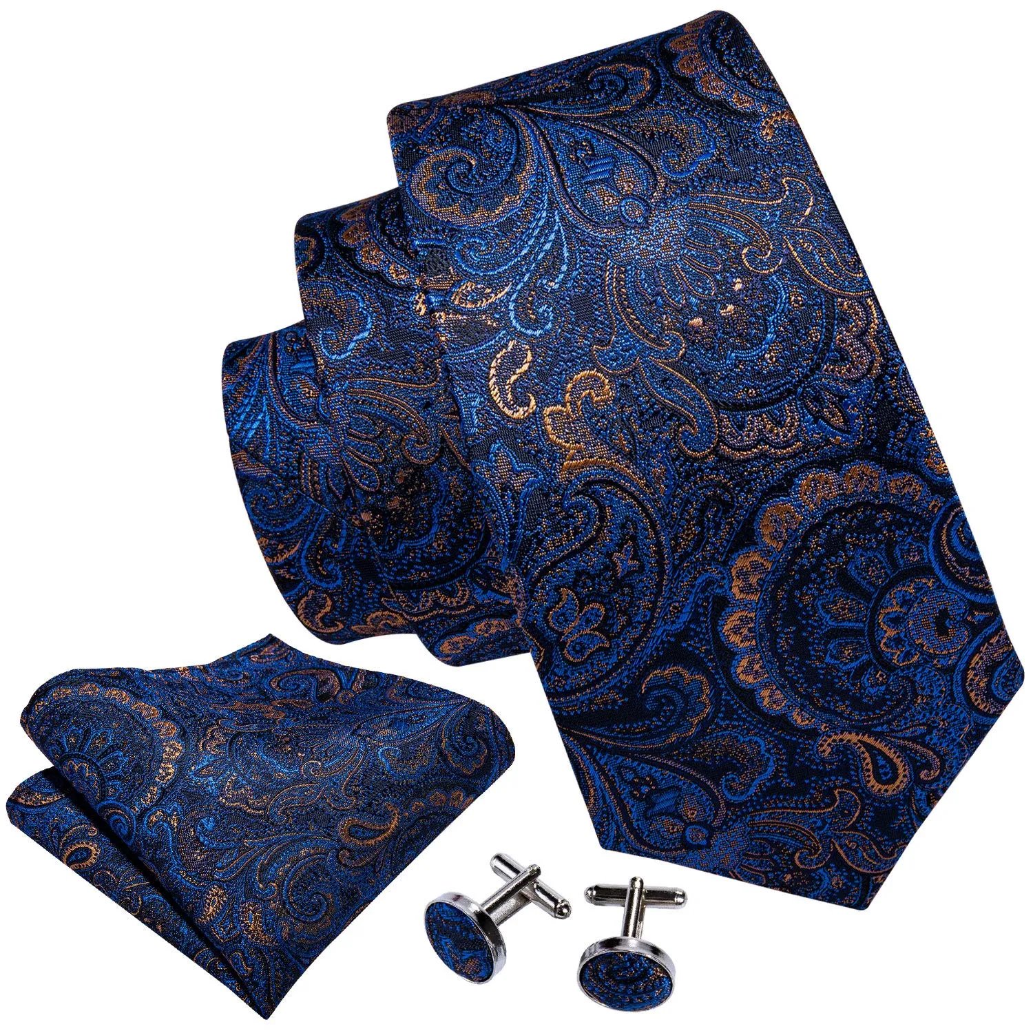 Barry.Wang Set Cravatta in Seta con Fazzoletto e Gemelli a Righe, Blu Oro, 3 Pezzi - immagine 2