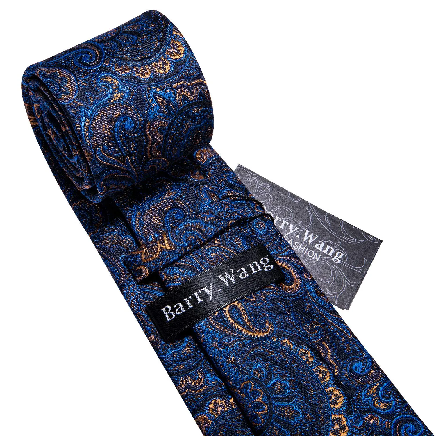 Barry.Wang Set Cravatta in Seta con Fazzoletto e Gemelli a Righe, Blu Oro, 3 Pezzi - immagine 4