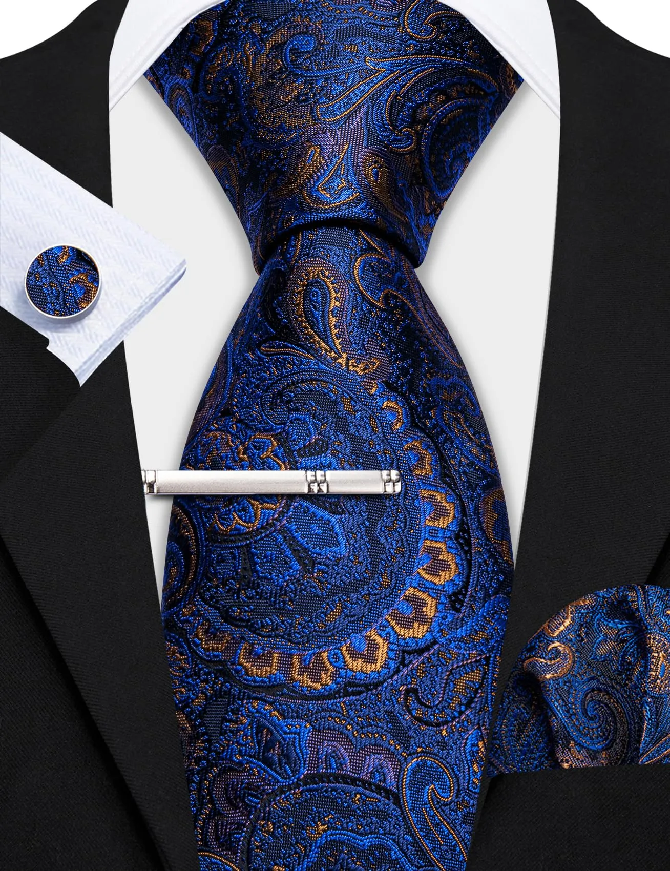 Barry.Wang Set Cravatta in Seta con Fazzoletto e Gemelli a Righe, Blu Oro, 3 Pezzi - immagine 6