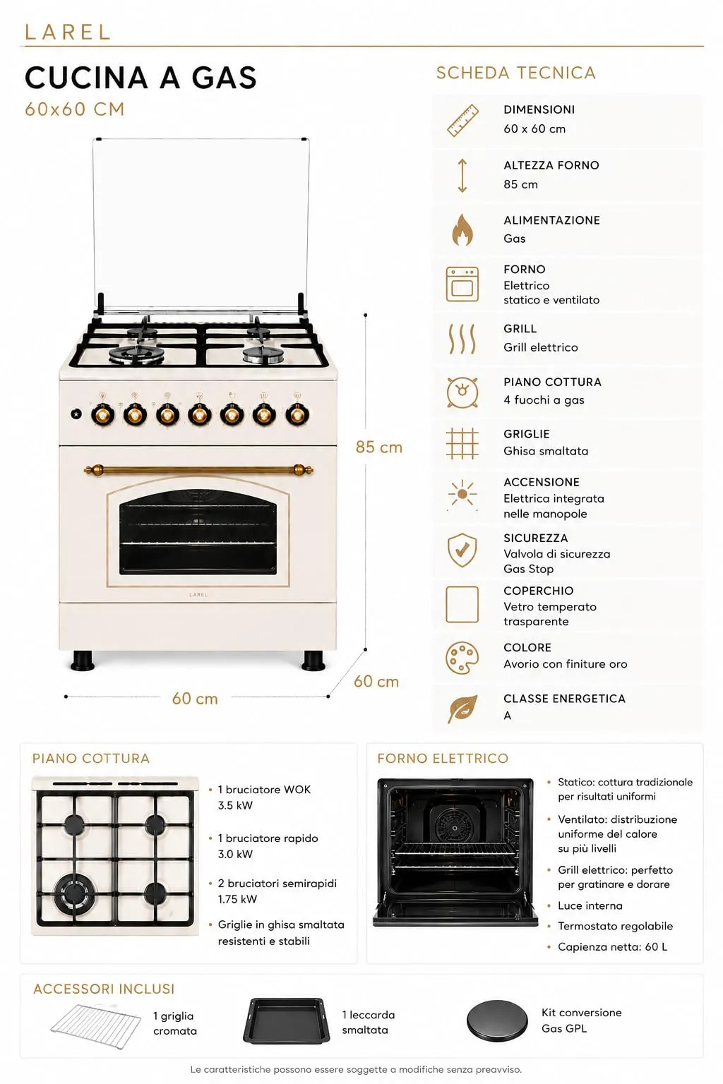 Lar.el Cucina 60x60 4 Fuochi Forno Elettrico Ventilato Rustica Griglie Ghisa Avena - immagine 4