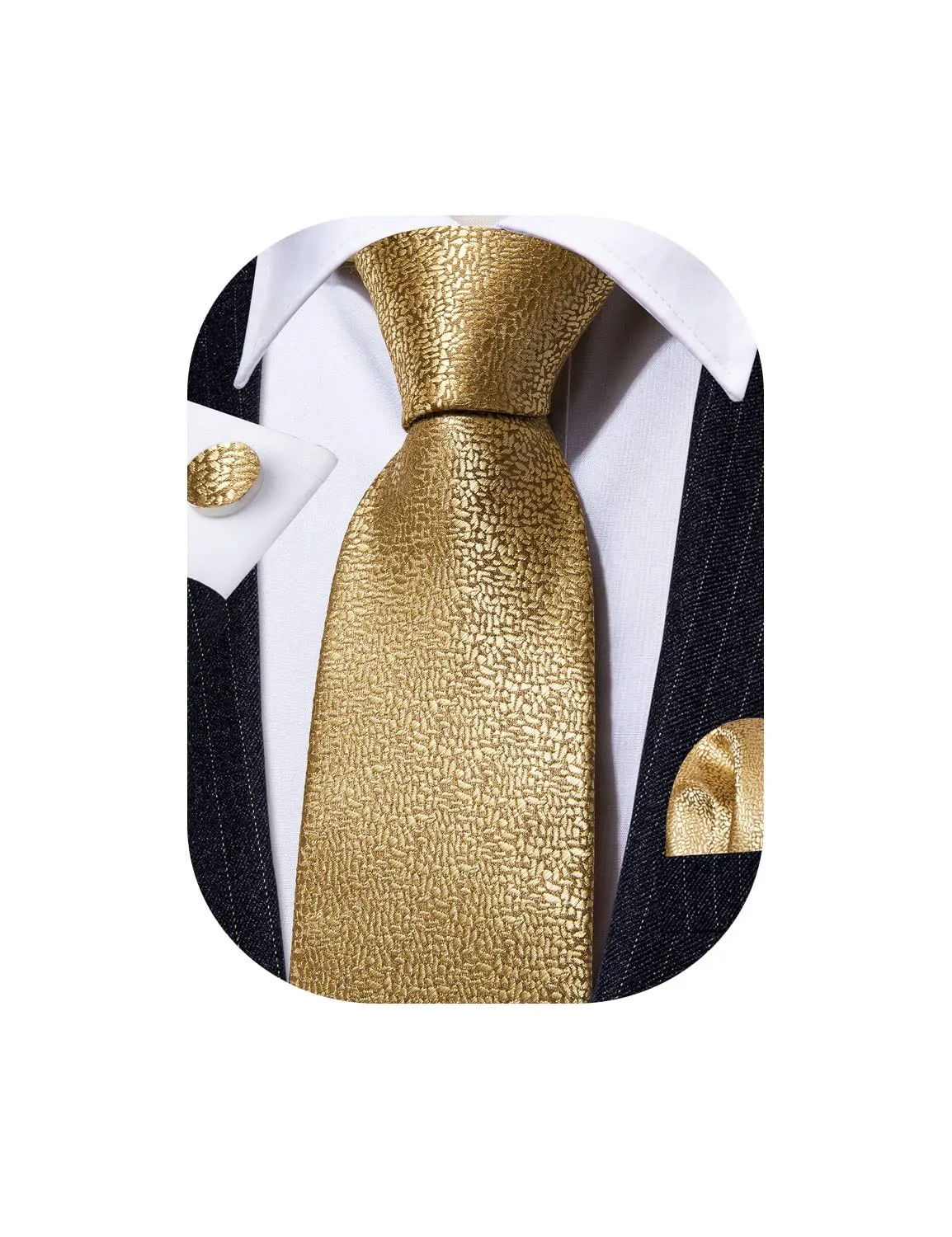 Barry.Wang Set Cravatta Paisley da Uomo con Fiocco Floreale, Fazzoletto Quadrato e Gemelli, Seta, Oro - immagine 1