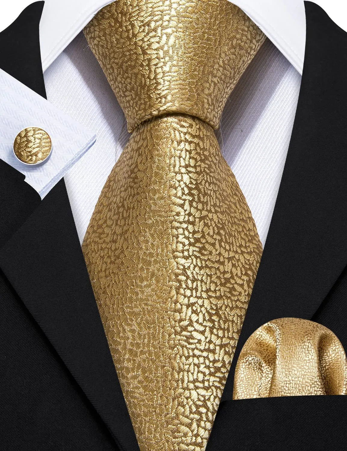 Barry.Wang Set Cravatta Paisley da Uomo con Fiocco Floreale, Fazzoletto Quadrato e Gemelli, Seta, Oro - immagine 3