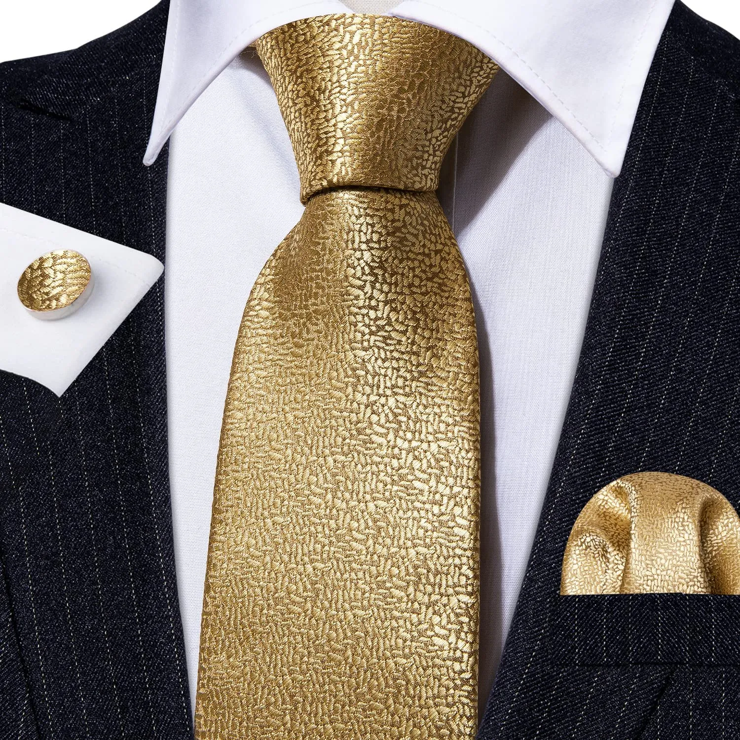 Barry.Wang Set Cravatta Paisley da Uomo con Fiocco Floreale, Fazzoletto Quadrato e Gemelli, Seta, Oro - immagine 4