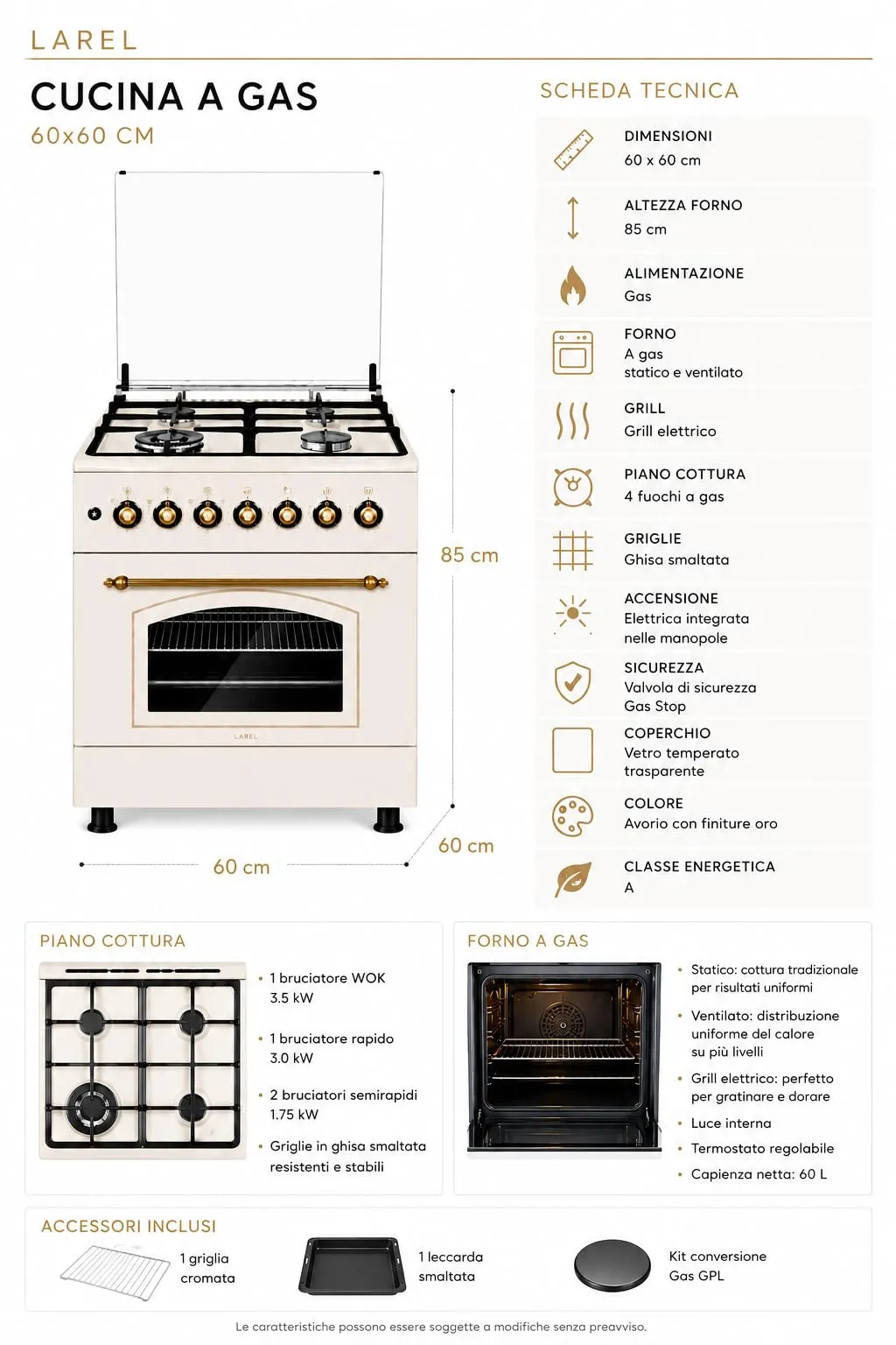 Lar.el Cucina 60x60 4 Fuochi Accensione Elettrica Forno a Gas Ventilato Rustica Griglie in Ghisa - immagine 5