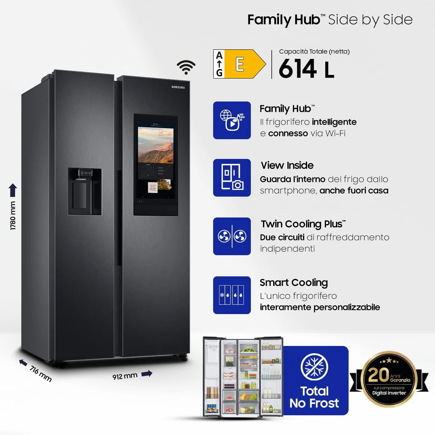 Samsung Frigorifero Side by Side Family Hub RS6HA8891B1/EF, Twin Cooling Plus, Wifi, 614L - immagine 2