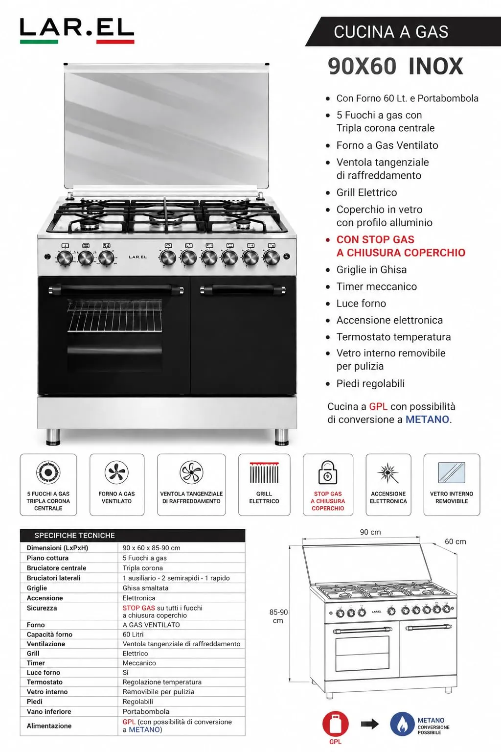 Lar.el Cucina a Gas 90x60 con Forno, 5 Fuochi Tripla Corona, Vano Porta Bombola, CUC.L90GXP - immagine 5