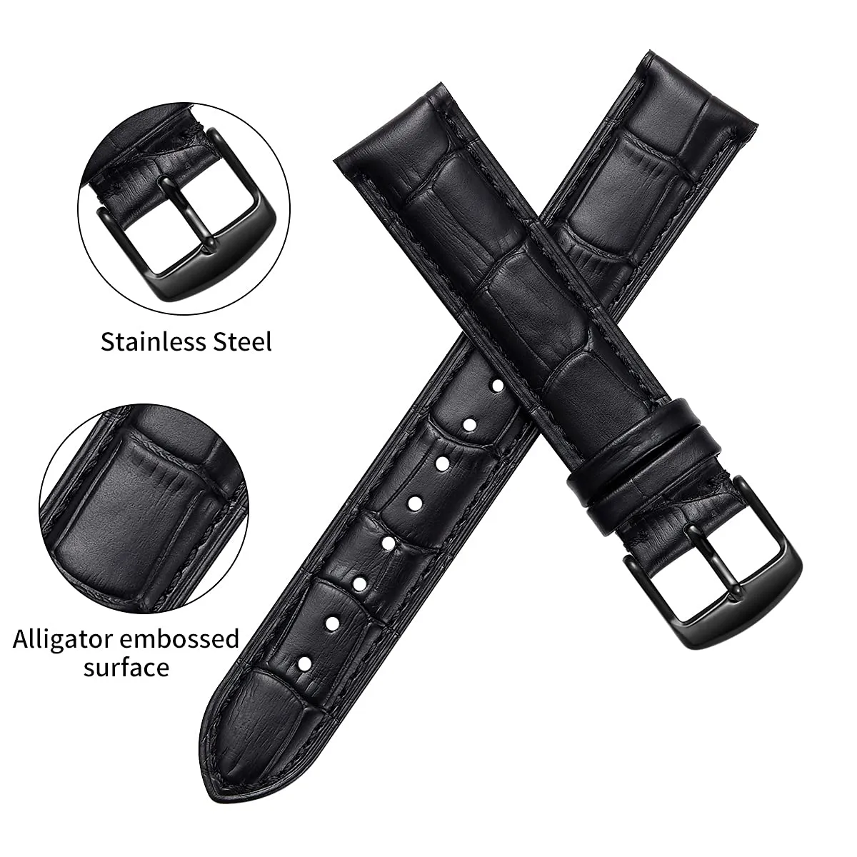iStrap Cinturino in Pelle Motivo Coccodrillo 22mm - Nero - immagine 4