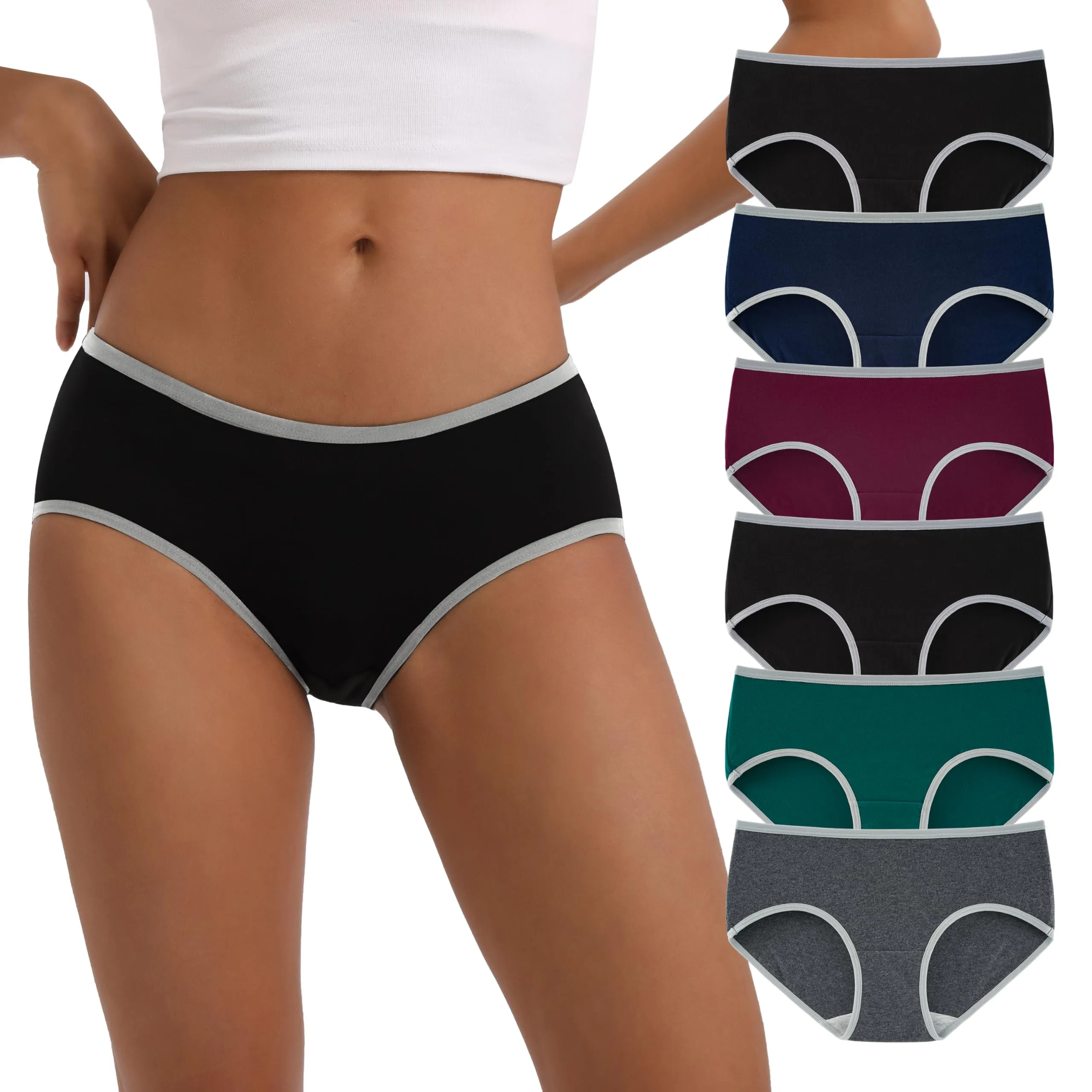 INNERSY Mutande Donna Cotone Vita Media Slip Elasticizzato Pack da 6 (XS, Colore Scuro con Bordino Grigio) - immagine 1