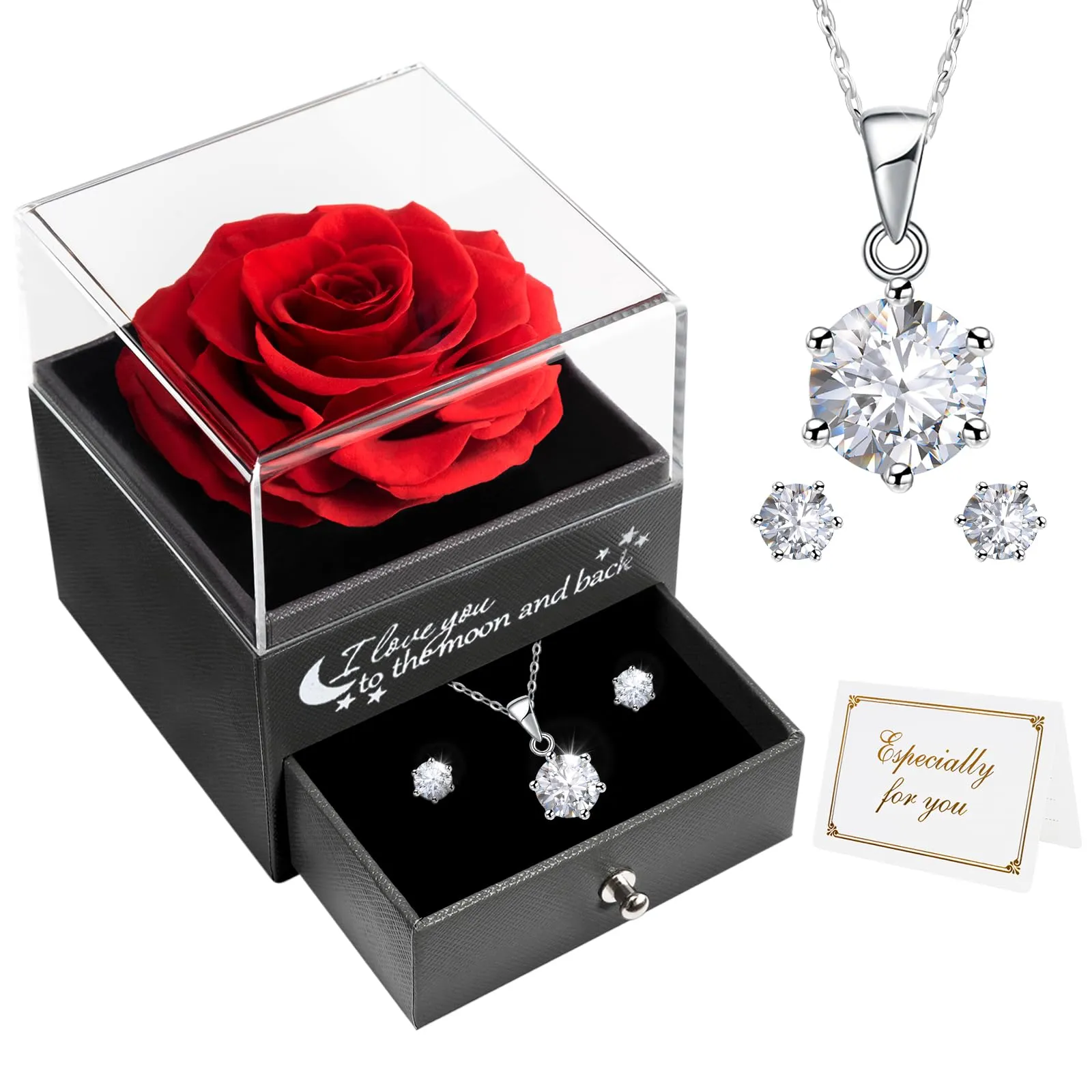 Miofula Rosa Stabilizzata con Collana e Orecchini in Argento 925, Set Regalo con Rosa Eterna in Scatola Lusso - immagine 1