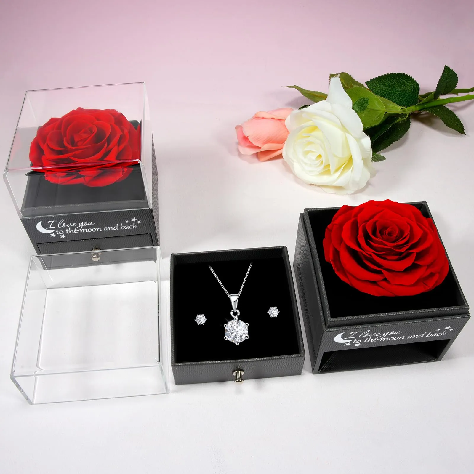 Miofula Rosa Stabilizzata con Collana e Orecchini in Argento 925, Set Regalo con Rosa Eterna in Scatola Lusso - immagine 6