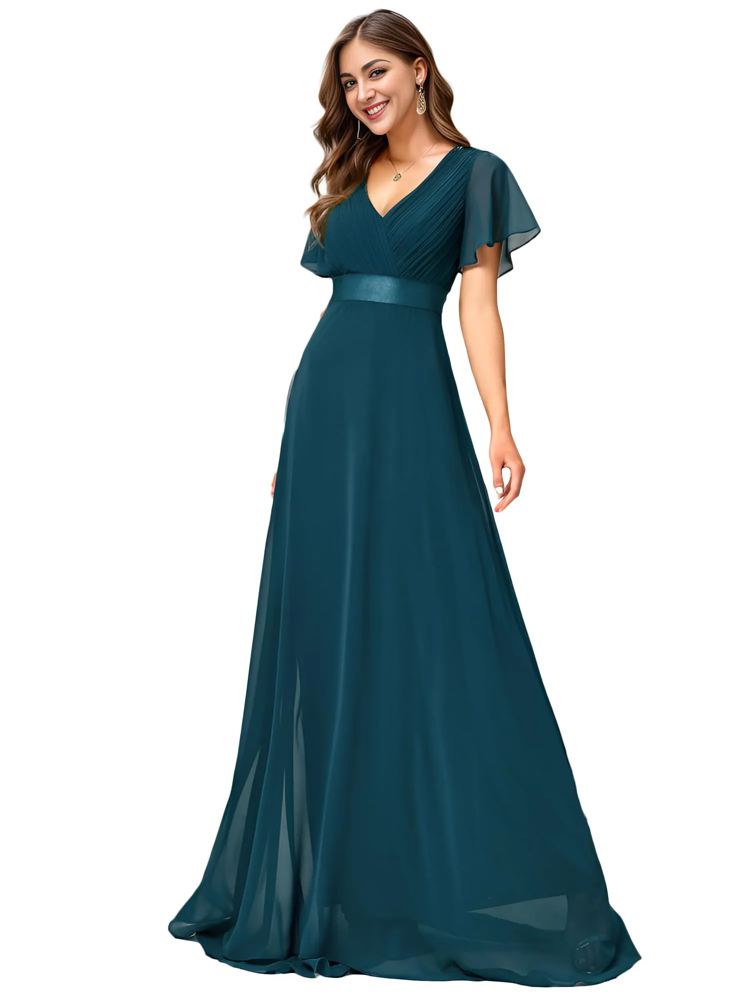 Ever-Pretty Abito da Cerimonia Donna Stile Impero Linea ad A Scollo a V Maniche Corte Lungo Teal 48 - immagine 1