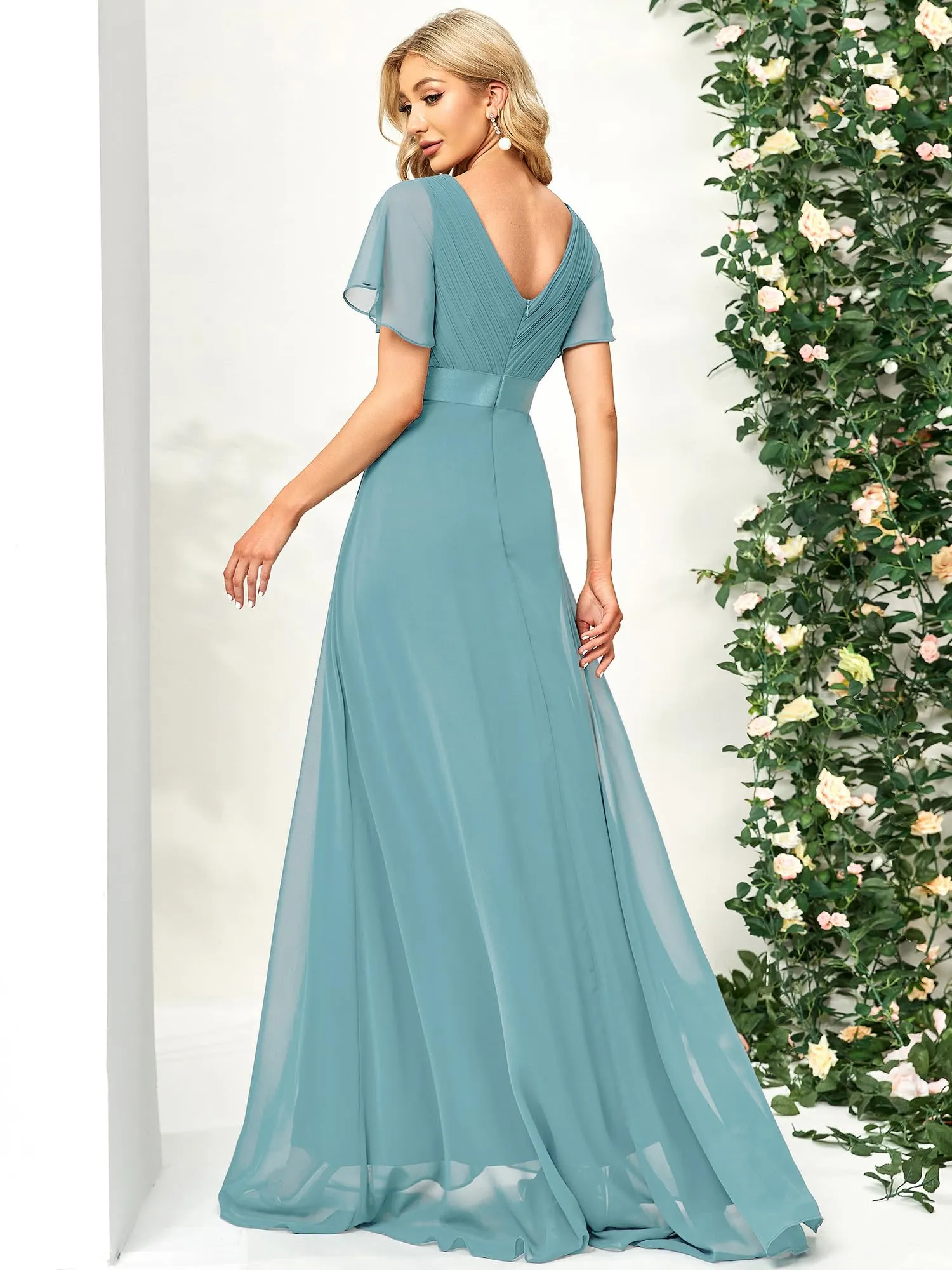 Ever-Pretty Abito Cerimonia Donna a V Linea ad A con Maniche a Volant Blu Polveroso 58 - immagine 2