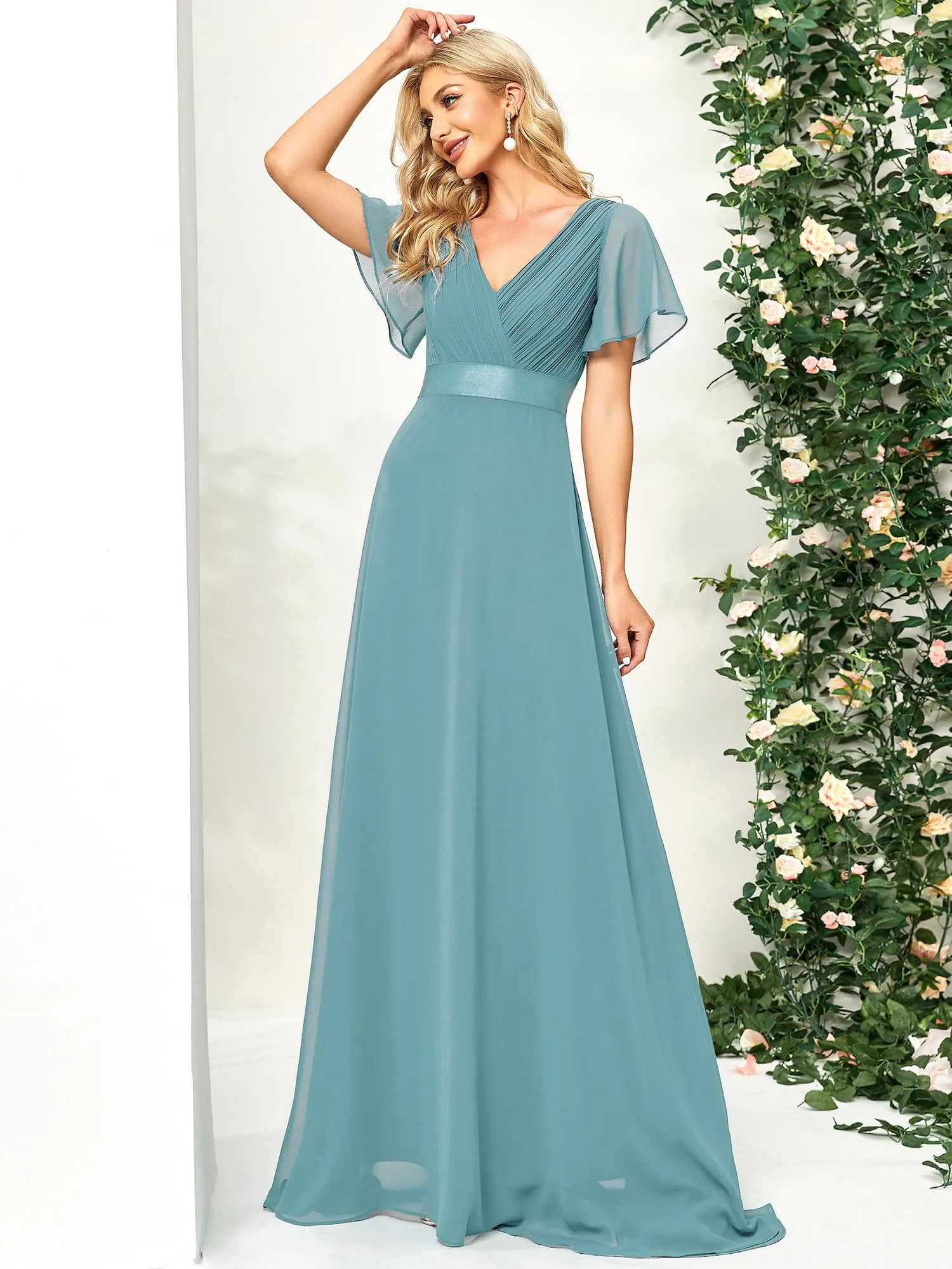 Ever-Pretty Abito Cerimonia Donna a V Linea ad A con Maniche a Volant Blu Polveroso 58 - immagine 5