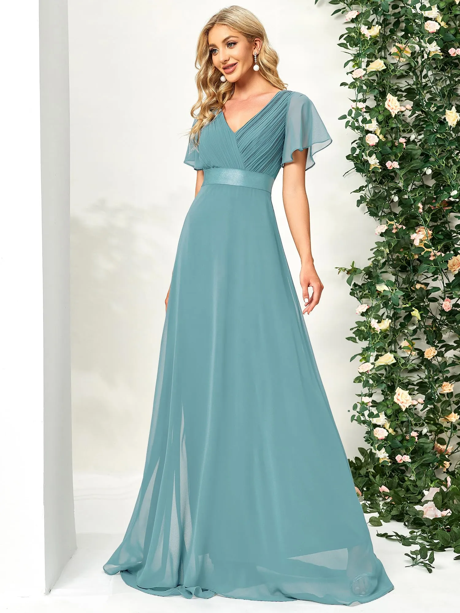 Ever-Pretty Abito Cerimonia Donna a V Linea ad A con Maniche a Volant Blu Polveroso 58 - immagine 6