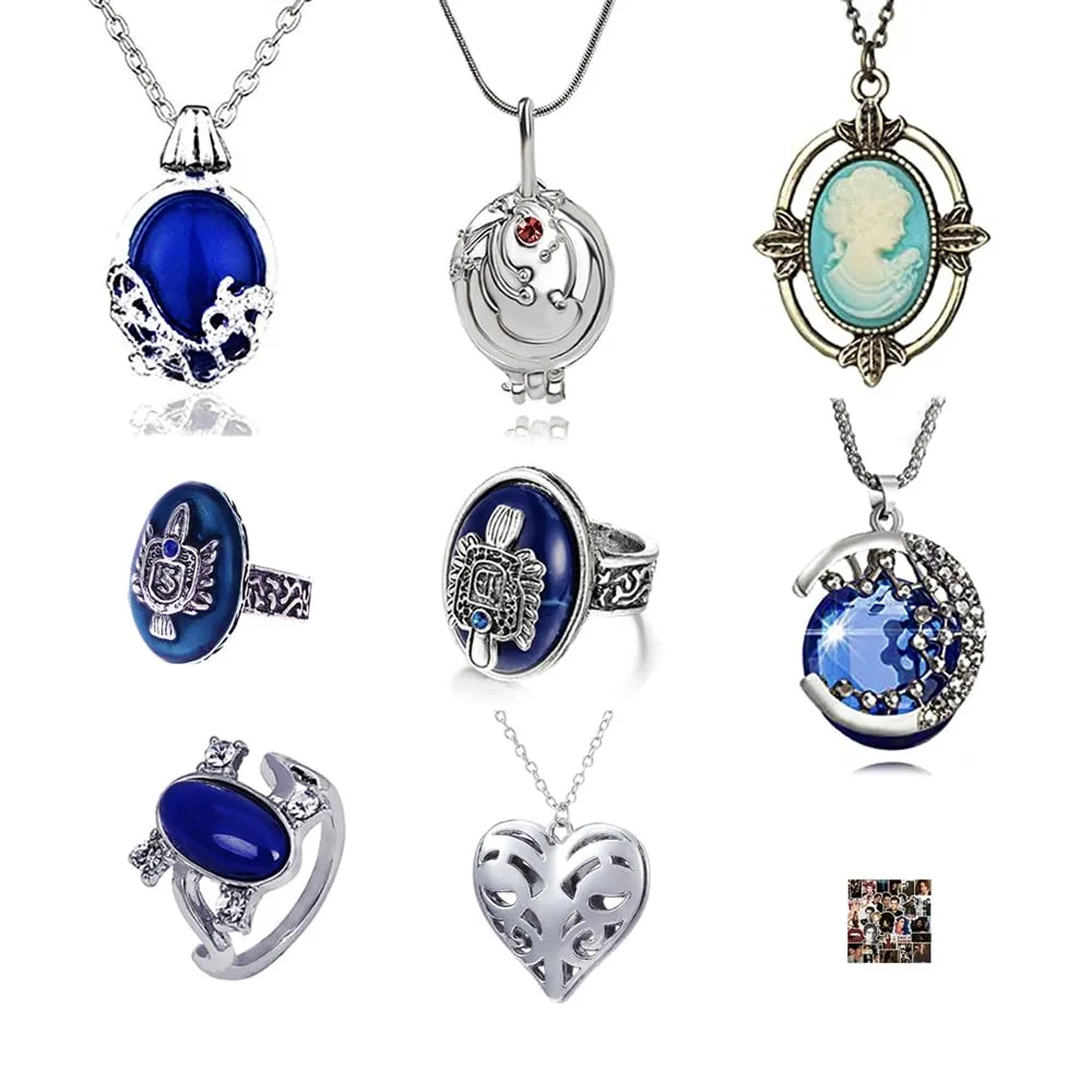 HJYZY 18 Piece The Vampire Diaries Jewelry Set Elena Daylight Necklace, Damon's Ring, Katherine Sapphire Crystal Pendant and Stickers - immagine 1