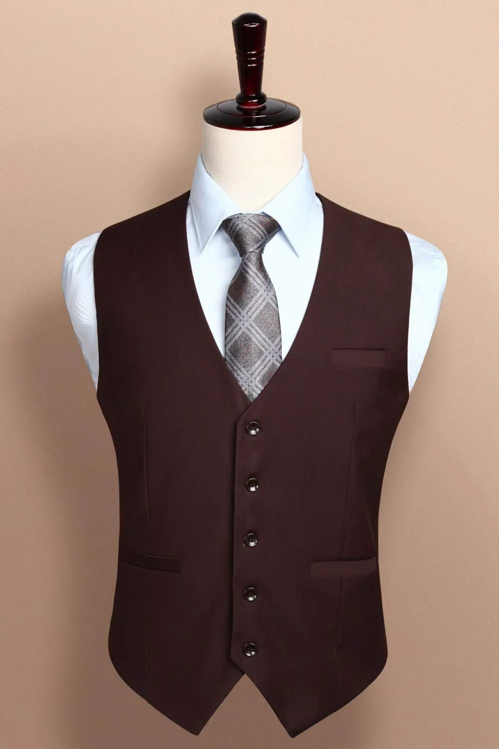 HISDERN Gilet da Uomo in Cotone Marrone Tinta Unita - immagine 3