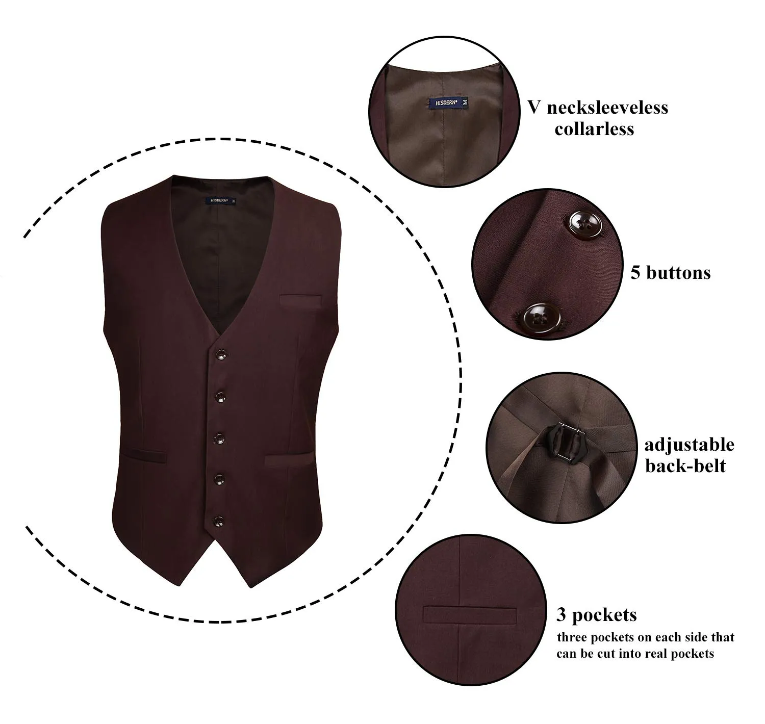 HISDERN Gilet da Uomo in Cotone Marrone Tinta Unita - immagine 5