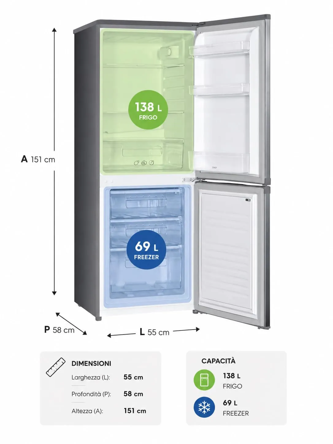 Candy Frigorifero Combinato 2 Porte 207L Classe E Argento CHCS514EX - immagine 3