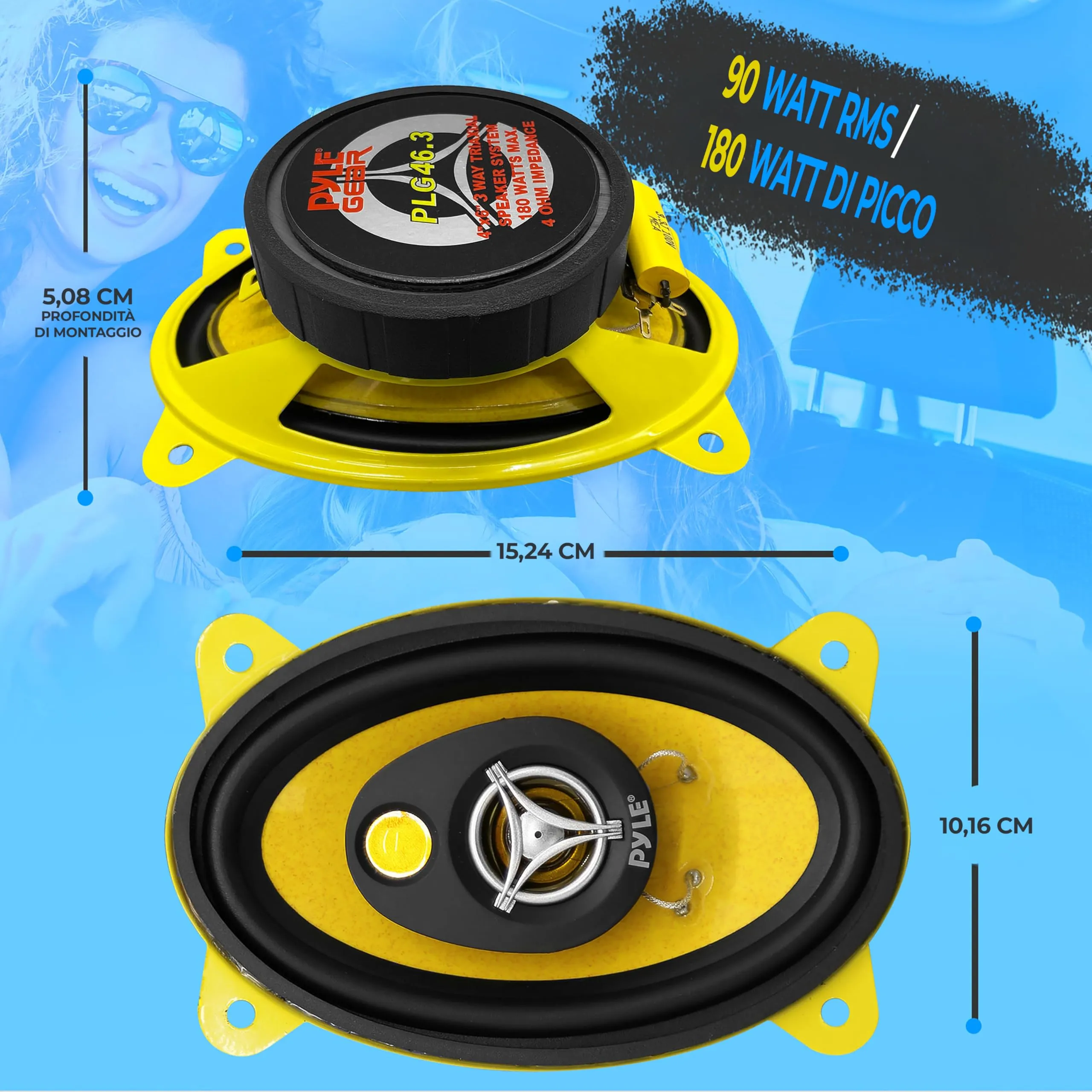 Pyle Sistema di Altoparlanti Auto Tre Vie 10x15 cm 132W 4Ohm OEM-PLG46.3 (Coppia) Nero/Giallo - immagine 2