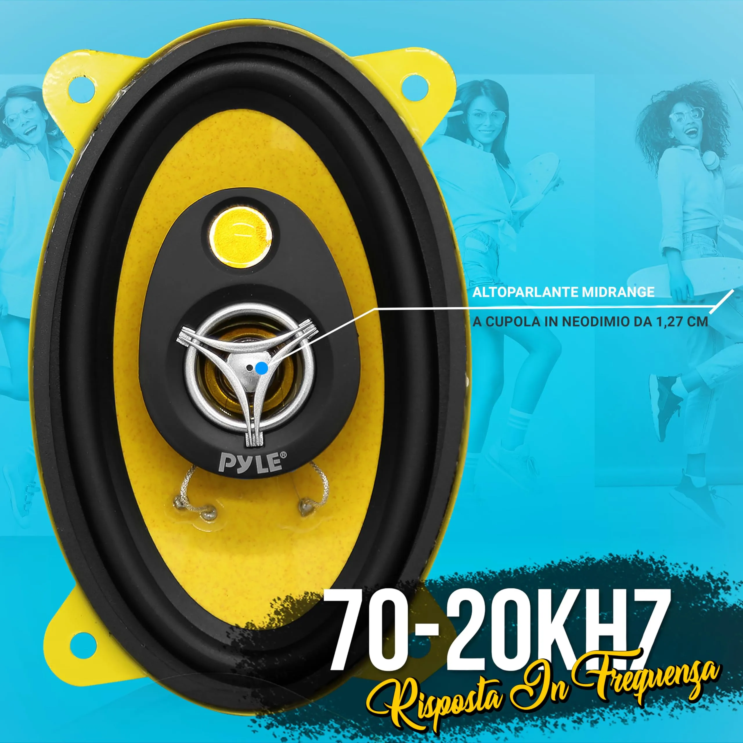Pyle Sistema di Altoparlanti Auto Tre Vie 10x15 cm 132W 4Ohm OEM-PLG46.3 (Coppia) Nero/Giallo - immagine 4