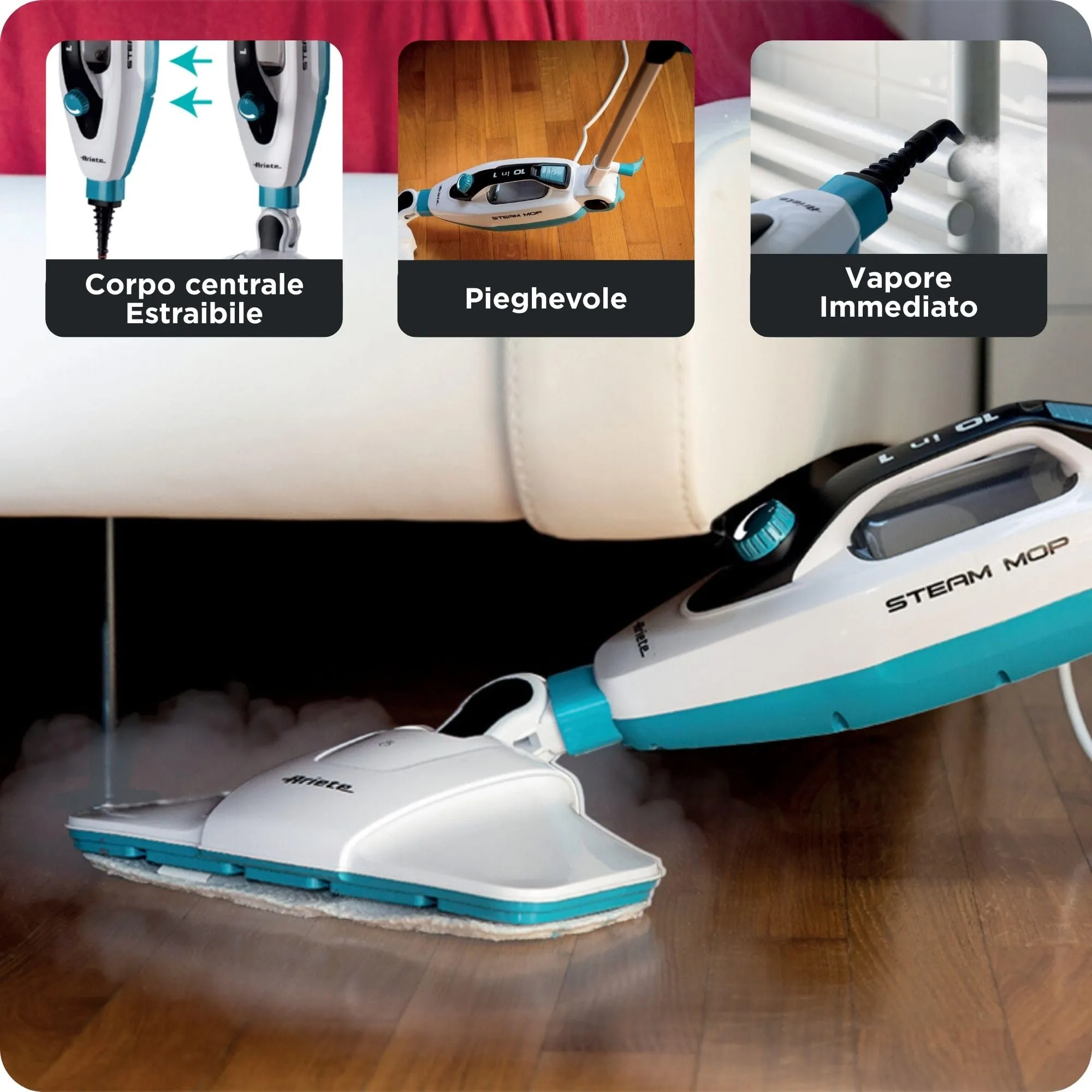 Ariete 4175 Steam Mop 10 in 1, Foldable, 1500 Watt, 350 cc, Bianco/Azzurro - immagine 5
