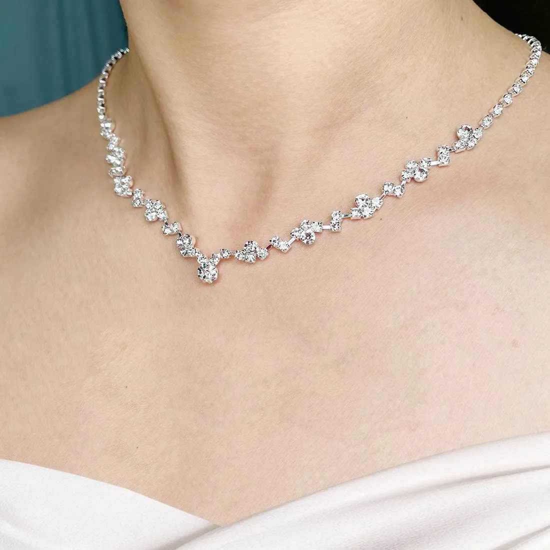 Wedity Set Collana e Orecchini in Cristallo Argento per Sposa - immagine 3