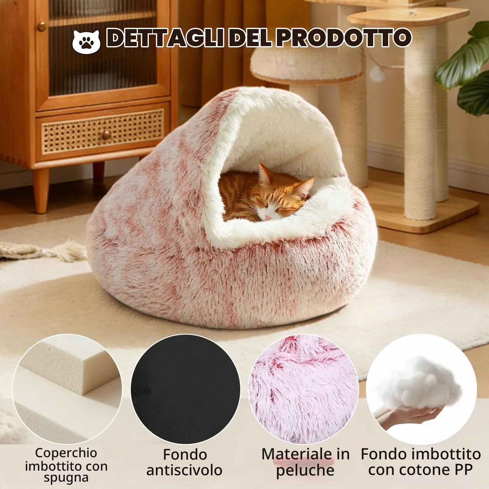 SUOXU Letto Calmante per Gatti e Cani, Forma a Ciambella con Fondo Antiscivolo, Rosa, 50 cm - immagine 2