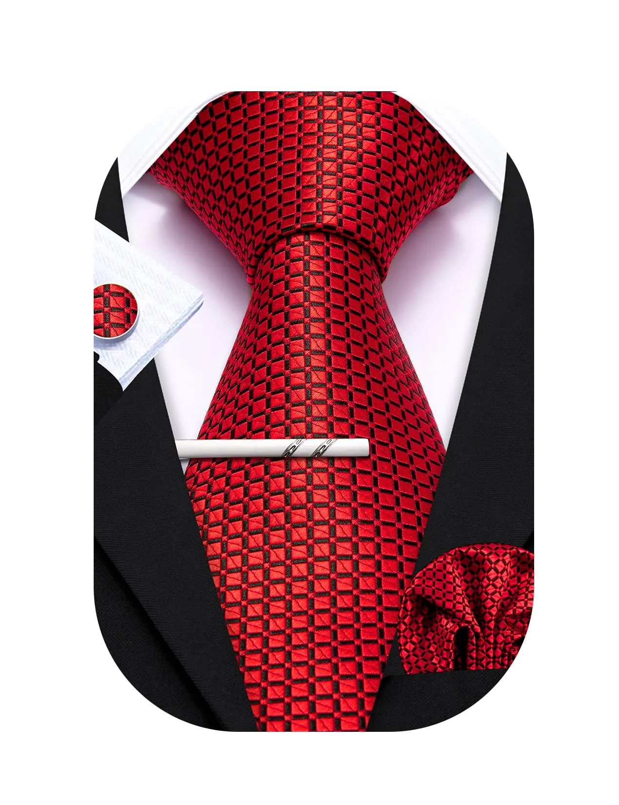 Barry.Wang Set Cravatta da Uomo in Seta a Righe Scozzesi, Fazzoletto da Taschino, Gemelli e Fermacravatta, 4 Pezzi, Plaid Rosso - immagine 1