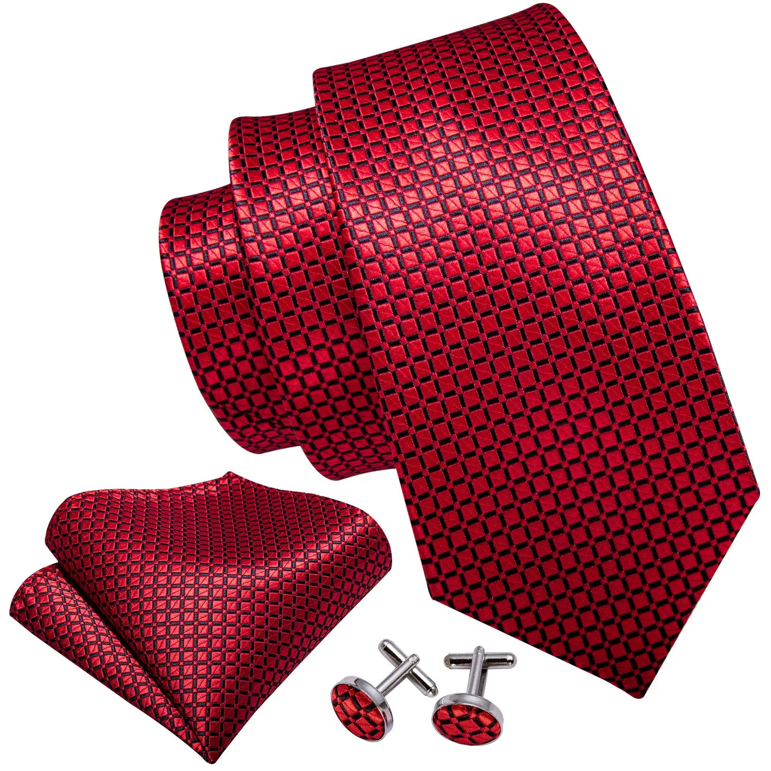 Barry.Wang Set Cravatta da Uomo in Seta a Righe Scozzesi, Fazzoletto da Taschino, Gemelli e Fermacravatta, 4 Pezzi, Plaid Rosso - immagine 2