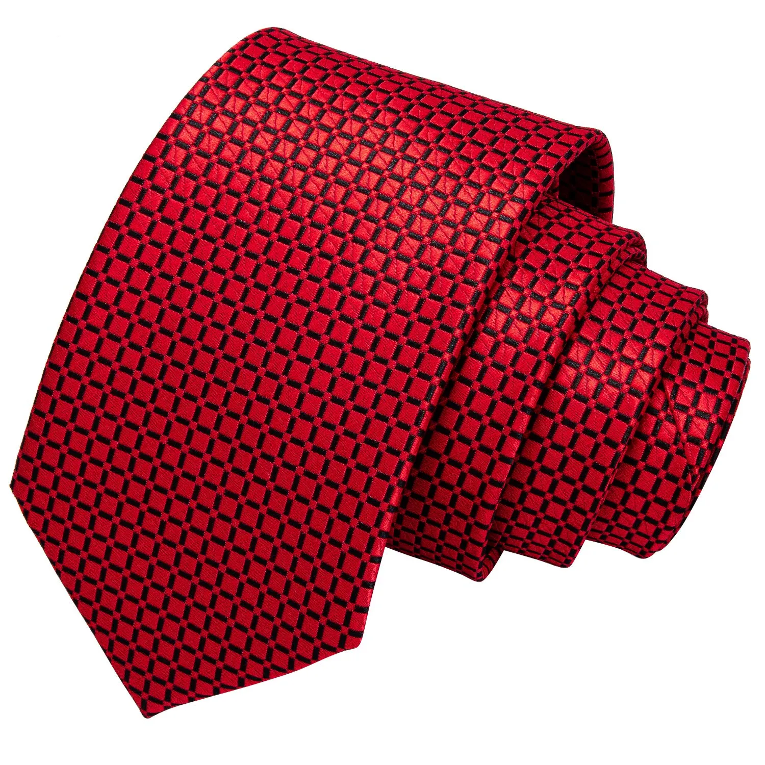 Barry.Wang Set Cravatta da Uomo in Seta a Righe Scozzesi, Fazzoletto da Taschino, Gemelli e Fermacravatta, 4 Pezzi, Plaid Rosso - immagine 3