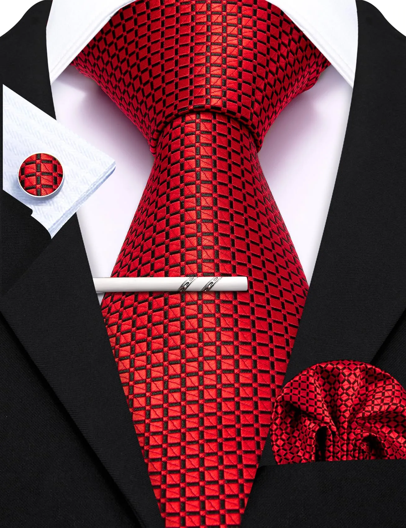 Barry.Wang Set Cravatta da Uomo in Seta a Righe Scozzesi, Fazzoletto da Taschino, Gemelli e Fermacravatta, 4 Pezzi, Plaid Rosso - immagine 4