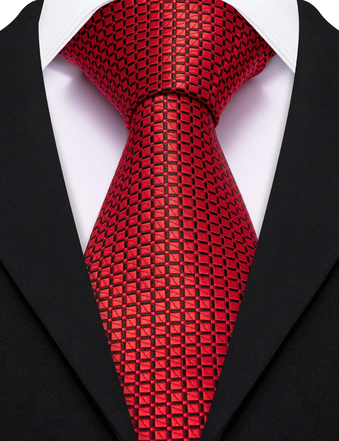 Barry.Wang Set Cravatta da Uomo in Seta a Righe Scozzesi, Fazzoletto da Taschino, Gemelli e Fermacravatta, 4 Pezzi, Plaid Rosso - immagine 5