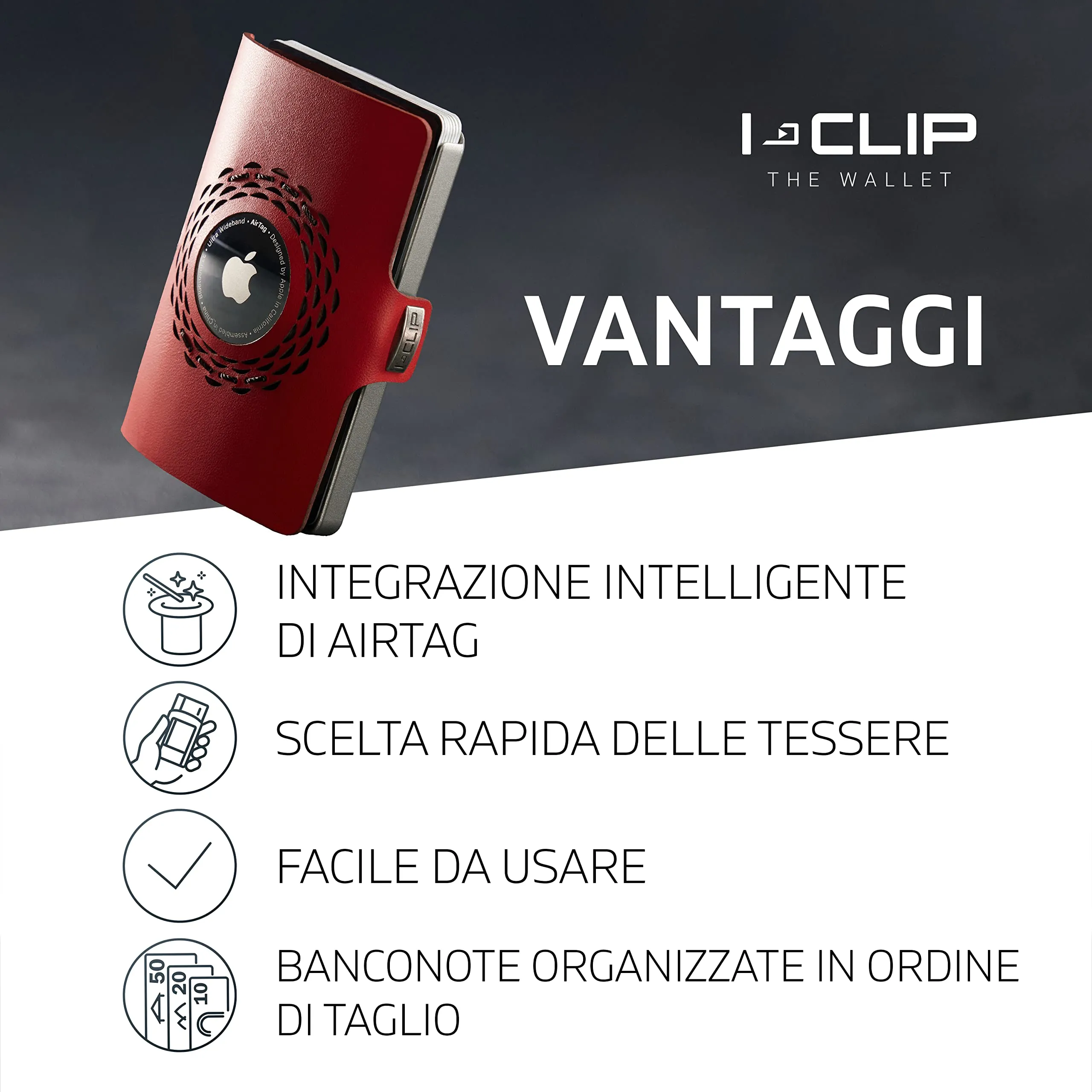 I-CLIP Original Portafoglio Uomo in Pelle Mini Porta Carte Slim con Scomparto AirTag - Radio Impact Rosso - immagine 2
