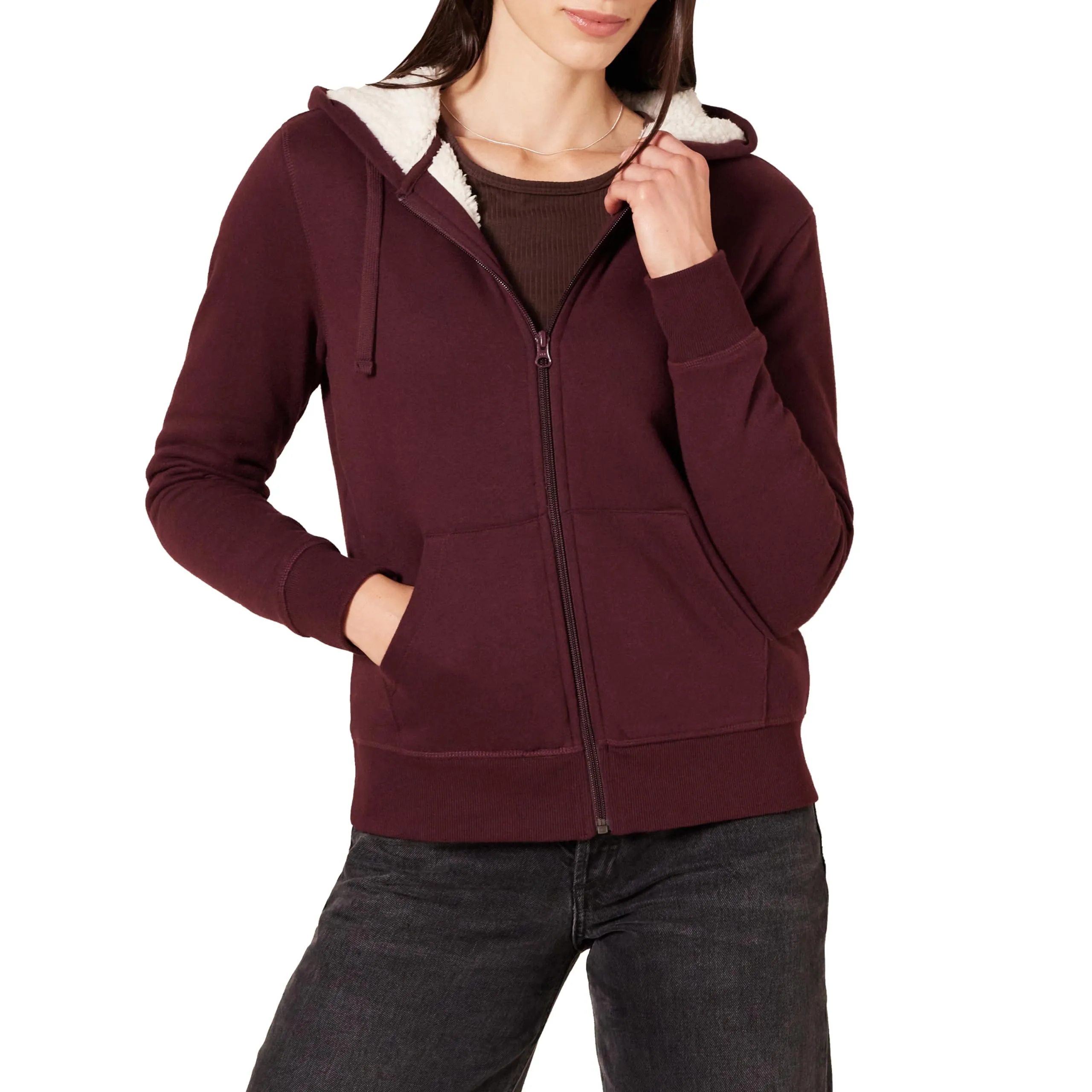 Amazon Essentials Giacca con cappuccio in pile foderata in sherpa Donna, Bordeaux, XXL - immagine 1