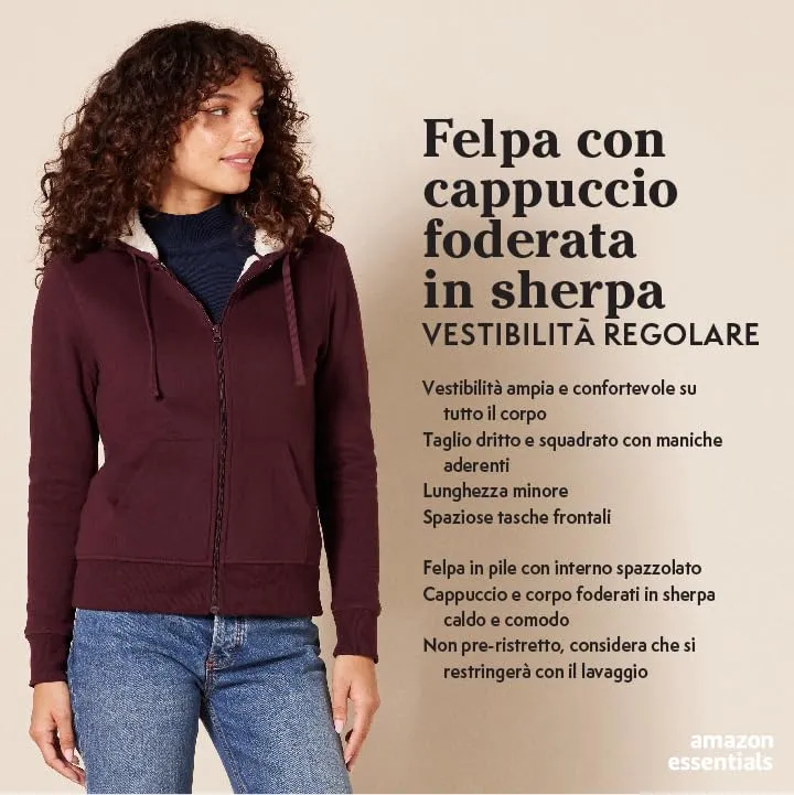 Amazon Essentials Giacca con cappuccio in pile foderata in sherpa Donna, Bordeaux, L - immagine 2