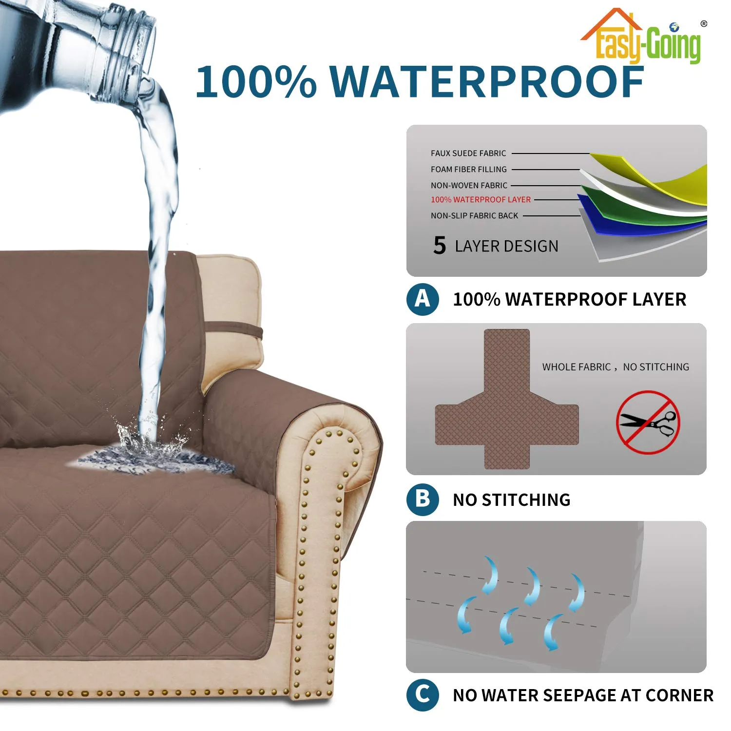 Easy-Going Copridivano per Sedia Impermeabile e Antiscivolo con Tasca, Marrone - immagine 4