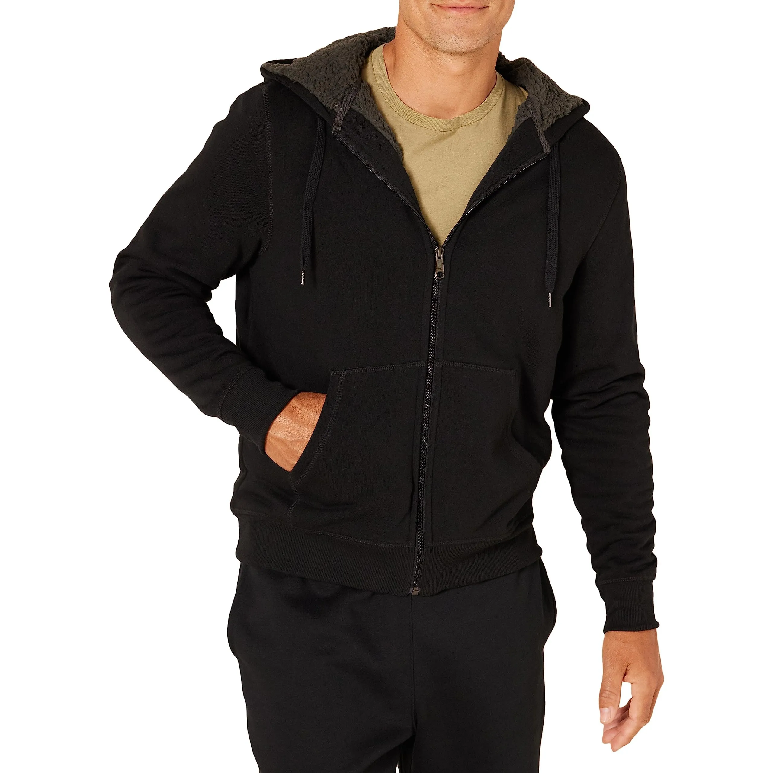 Amazon Essentials Felpa con Cappuccio e Cerniera Integrale in Pile Foderata in Sherpa Uomo, Nero, M - immagine 1