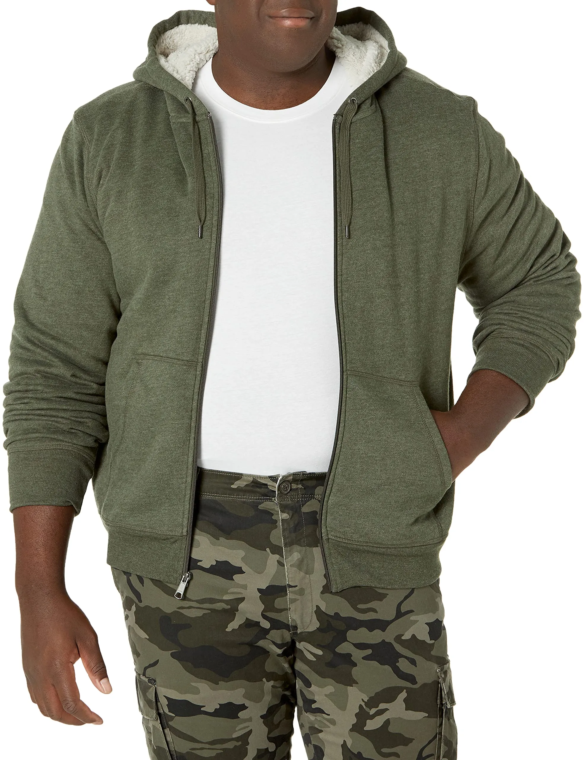 Amazon Essentials Felpa con Cappuccio e Cerniera Integrale in Pile Foderata in Sherpa Uomo, Verde Oliva, XXL - immagine 1