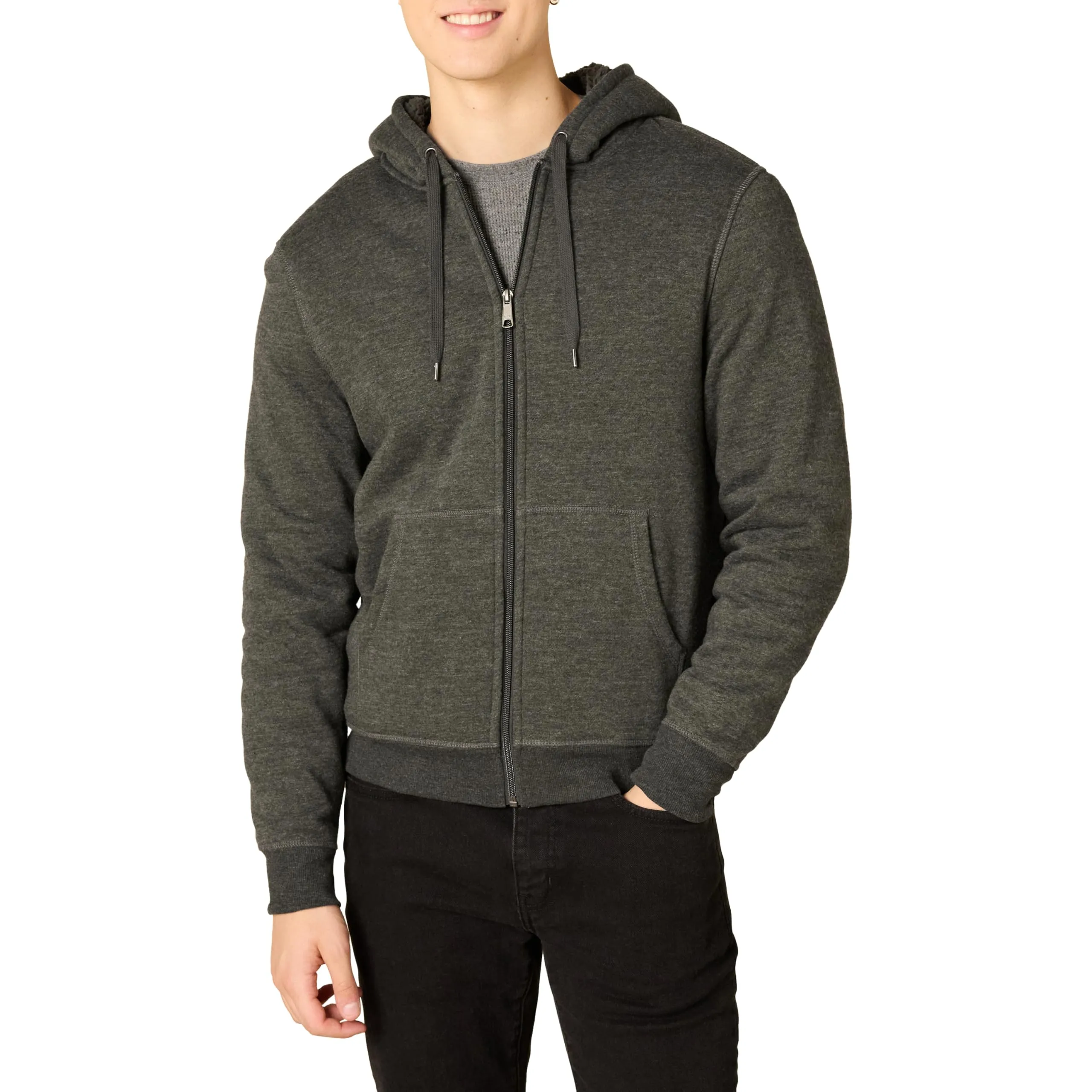 Amazon Essentials Felpa con Cappuccio e Cerniera Integrale in Pile Foderata in Sherpa Uomo, Carbone Puntinato, XL - immagine 1