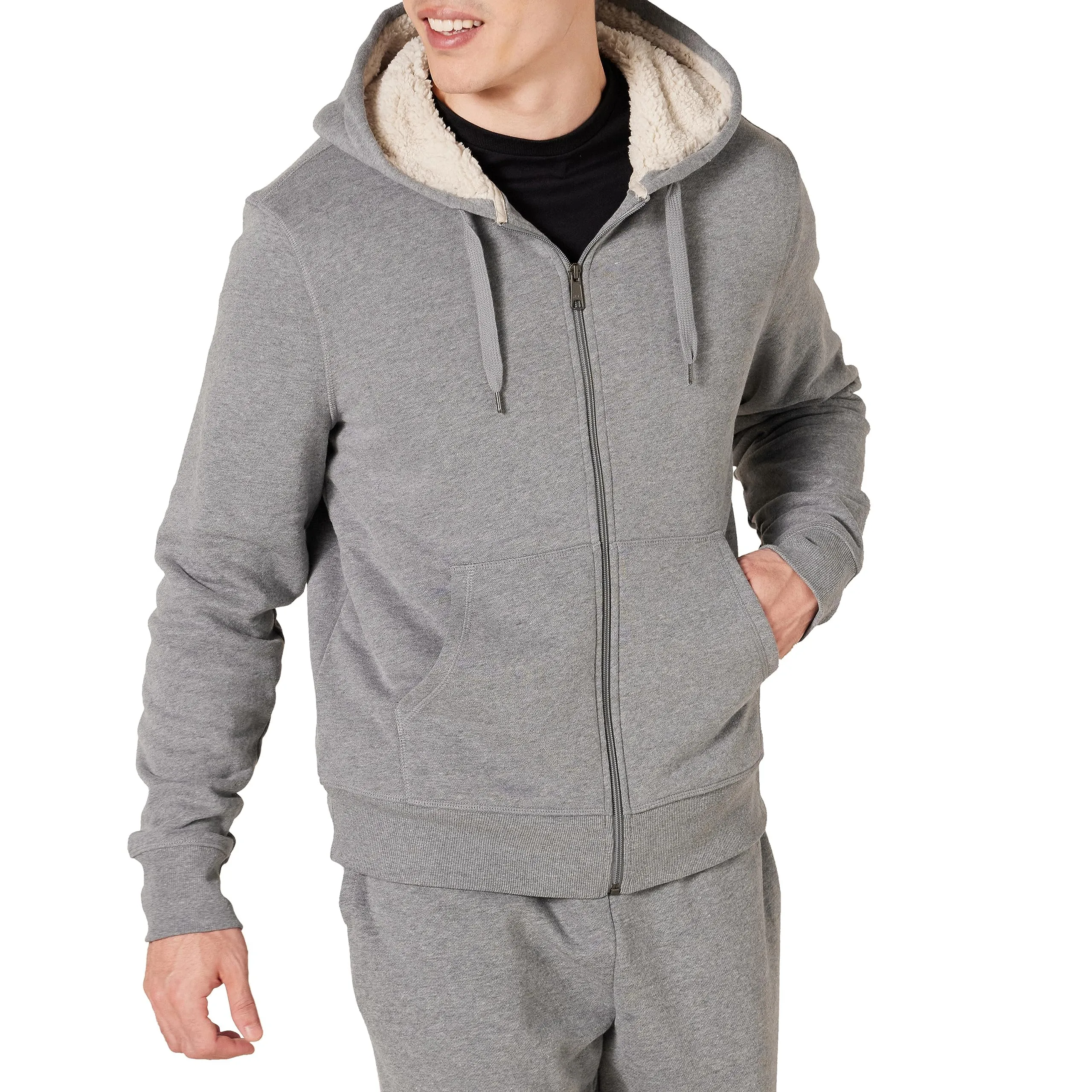 Amazon Essentials Felpa con Cappuccio e Cerniera Integrale in Pile Foderata in Sherpa Uomo, Grigio Chiaro Puntinato, M - immagine 1