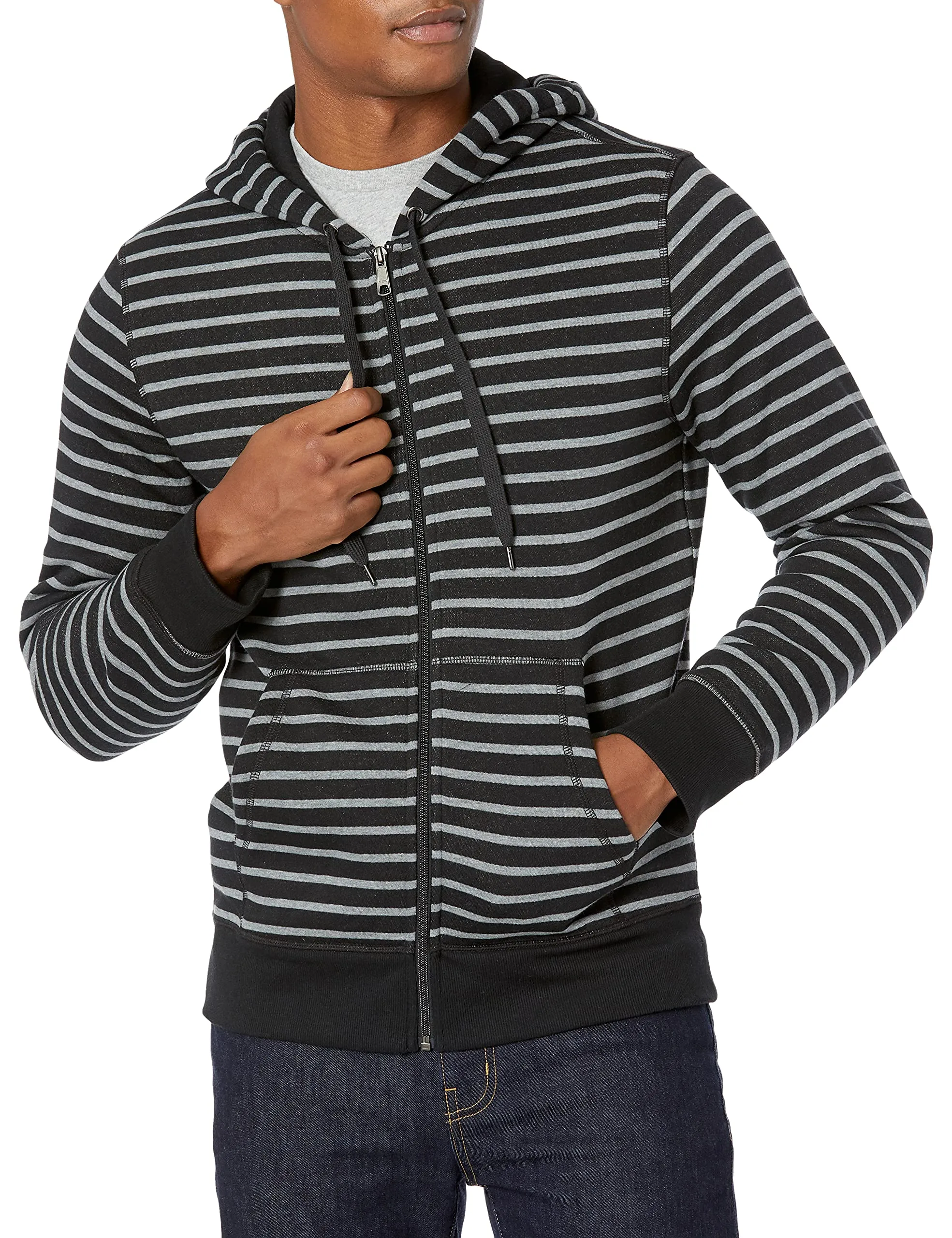 Amazon Essentials Felpa con Cappuccio in Pile con Zip Intera Uomo, Nero Grigio Righe, M - immagine 1