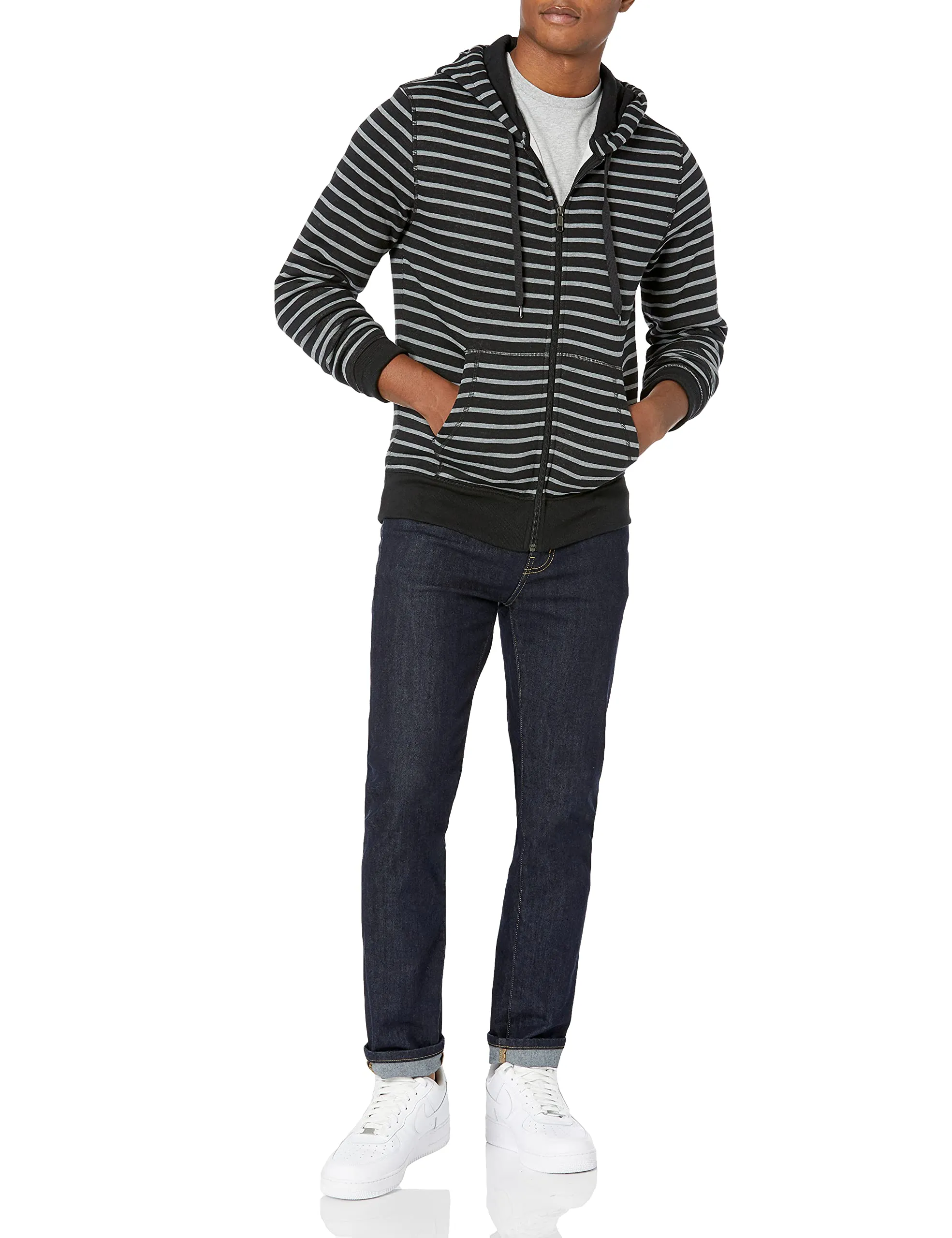 Amazon Essentials Felpa con Cappuccio in Pile con Zip Intera Uomo, Nero Grigio Righe, M - immagine 5