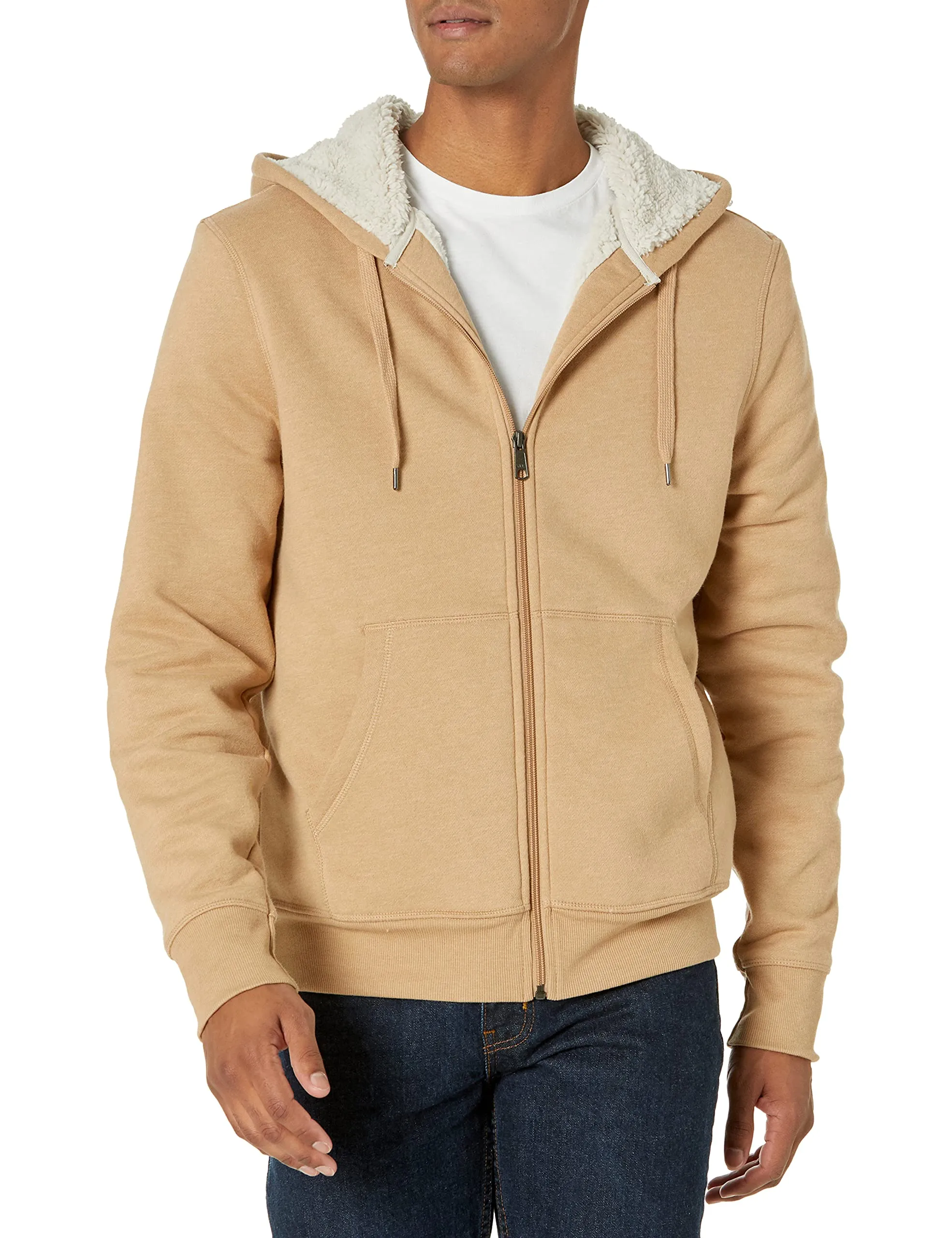 Amazon Essentials Felpa con Cappuccio e Cerniera Integrale in Pile Foderata in Sherpa Uomo, Cammello Puntinato, M - immagine 1