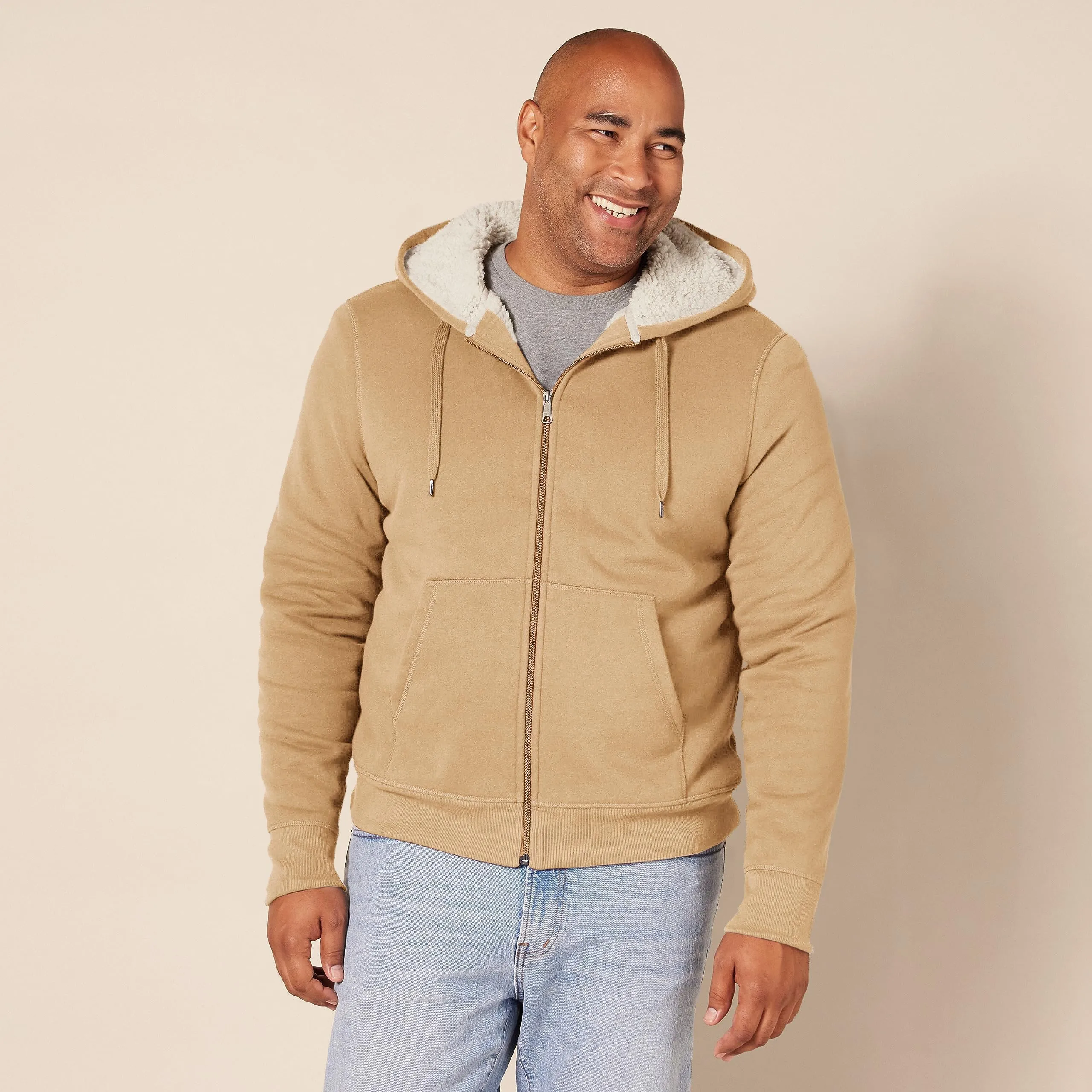Amazon Essentials Felpa con Cappuccio e Cerniera Integrale in Pile Foderata in Sherpa Uomo, Cammello Puntinato, L - immagine 5