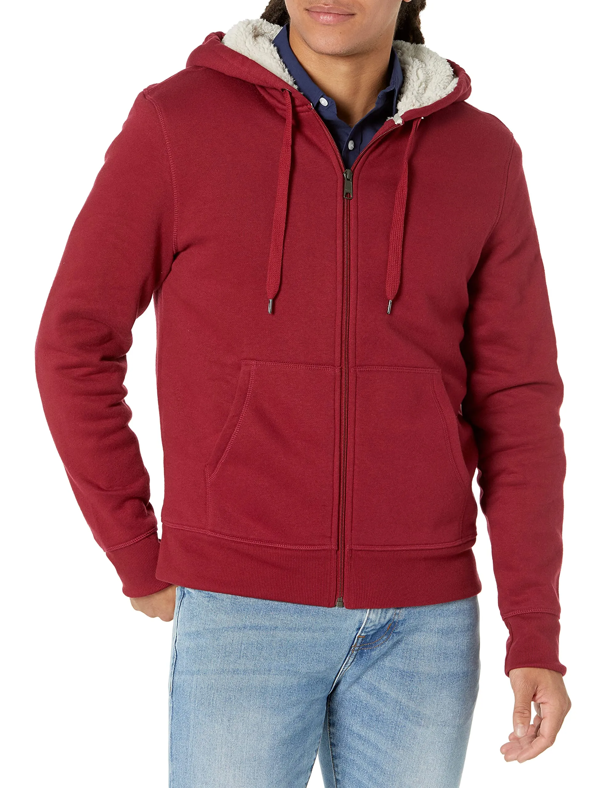 Amazon Essentials Felpa con Cappuccio e Cerniera Integrale in Pile Foderata in Sherpa Uomo, Rosso, S - immagine 1
