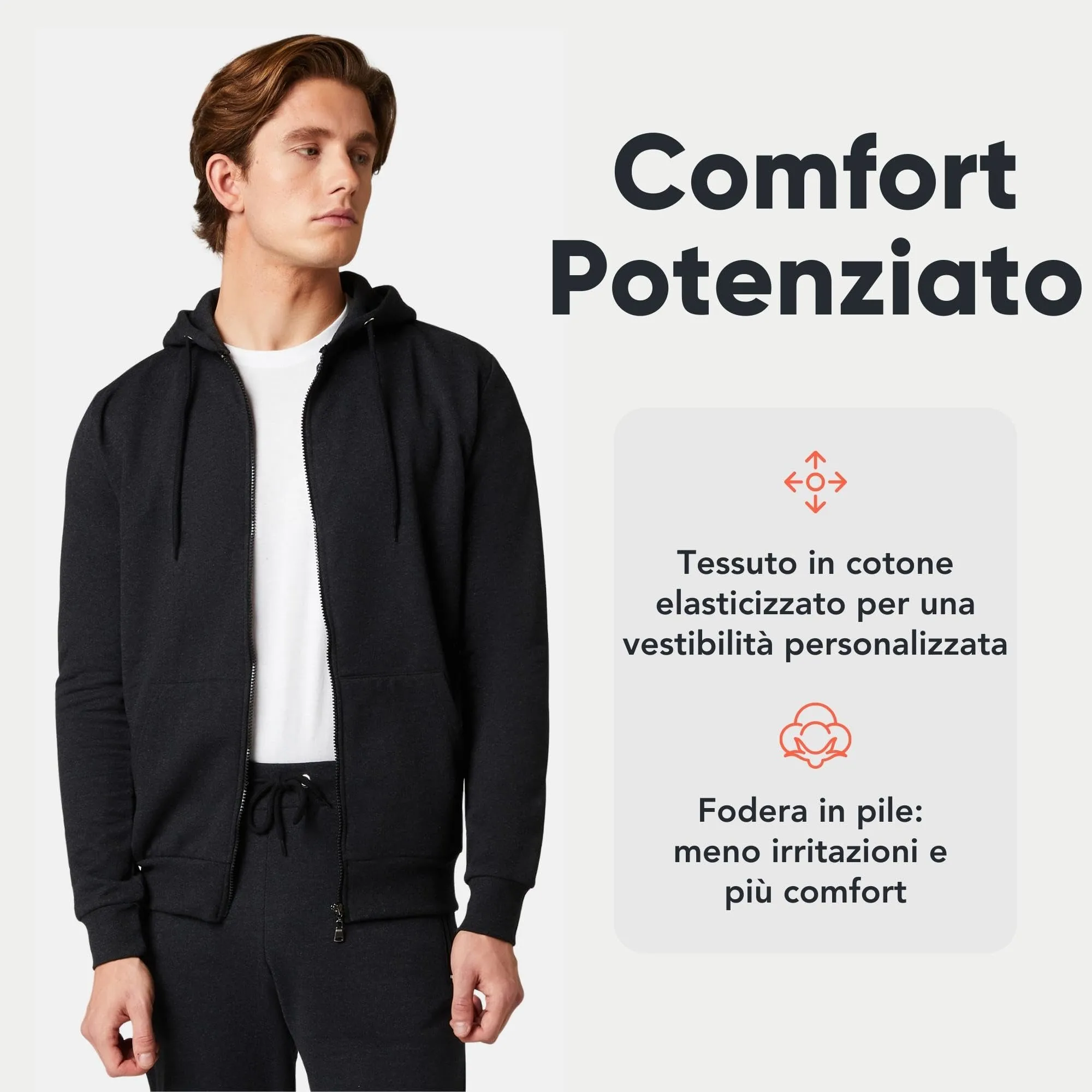 FM London Felpa da Uomo con Cappuccio e Zip, Antracite, L - immagine 3